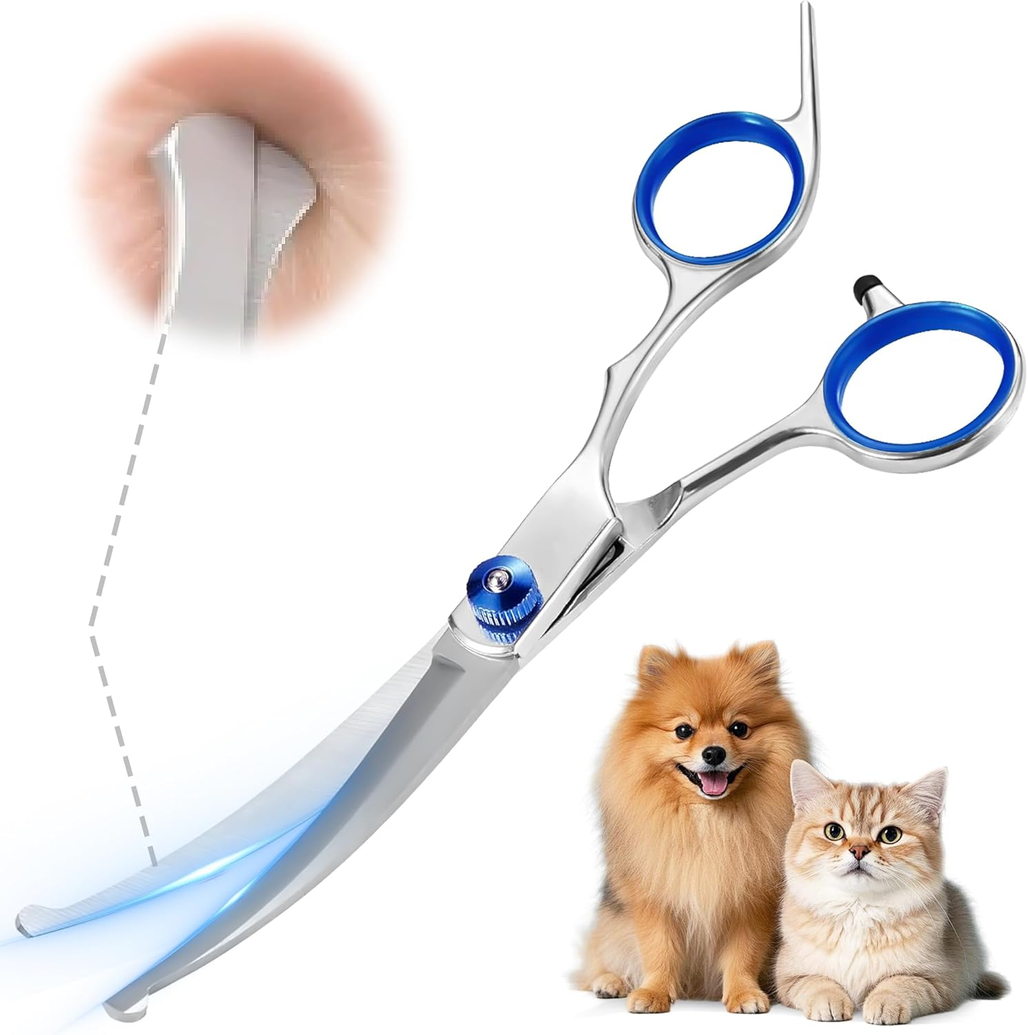 Dog Grooming Scissors - Curved Pet Grooming Shears with Safety round Tips, Professional Stainless Steel Pet Scissor for Cats Dogs Trimming Face and Paws image number 1