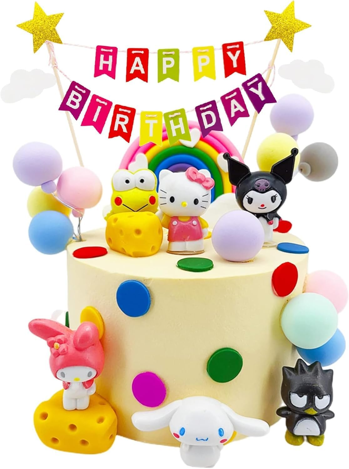 14 Pcs Kity Cake Topper Banner Birthday Party Cake Decorations Supplies Set, Mini Colorful Clouds Stars Party Decors Favors Shower Happy Birthday, Celebration