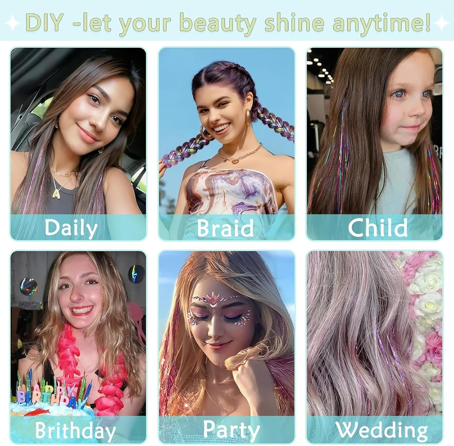 Weidllys Hair Tinsel,18 Colors Hair Tinsel Kit for Girls 7600 Strands Fairy Tinsel Hair Extensions Holographic Hair Tinsel Heat Resistant Colored Hair Glitter Christmas Party Festival (18 Colors)