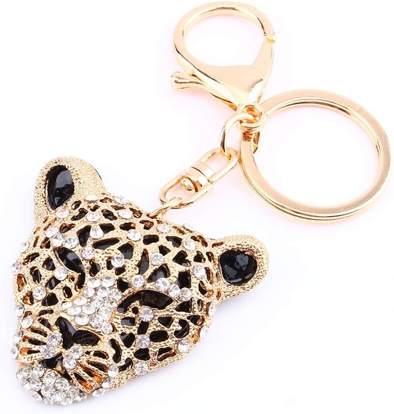 Haosie Leopard Bag Pendant, 5.1&times;5Cm Leopard Charm, Gold Rhinestone Keychain Cute Cheetah Head Purse Key Ring Chain Sparkling Crystal Charming Decoration Adornment for Wallets Handbags Lady Girlfriend, Gold, Small image number 2