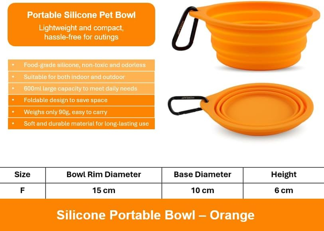 Collapsible Silicone Dog Bowls 600Ml - Portable, Foldable Pet Feeding Bowls with Carabiner Clips (Orange) image number 6