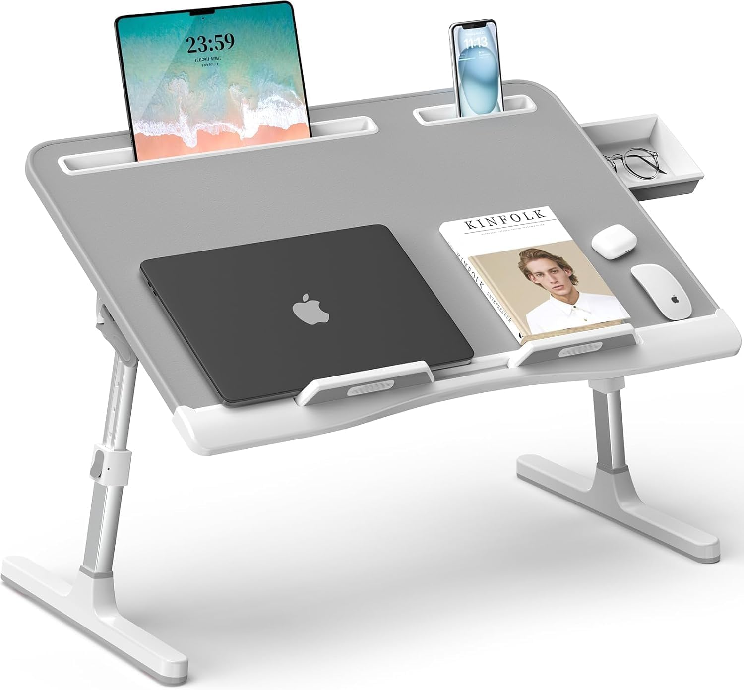 Laptop Desk for Bed, Leather X-Large Adjustable Laptop Stand for Bed, Foldable Laptop Lap Desk for Bed Couch Floor Writing Eating Working with Drawer 2 Movable Stoppers (23.6 Inch, Grey)