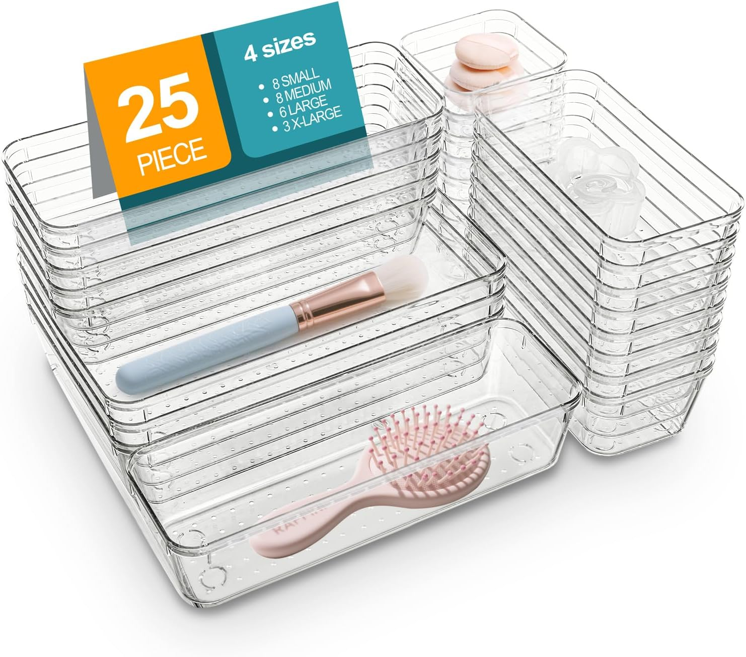 Stelive 25 PCS Clear Plastic Drawer Organisers Set, 4-Size Versatile Bathroom and Vanity Organiser Trays, Non-Slip Storage Containers & Bins for Makeup, Bedroom, Kitchen Utensils and Office image number 5