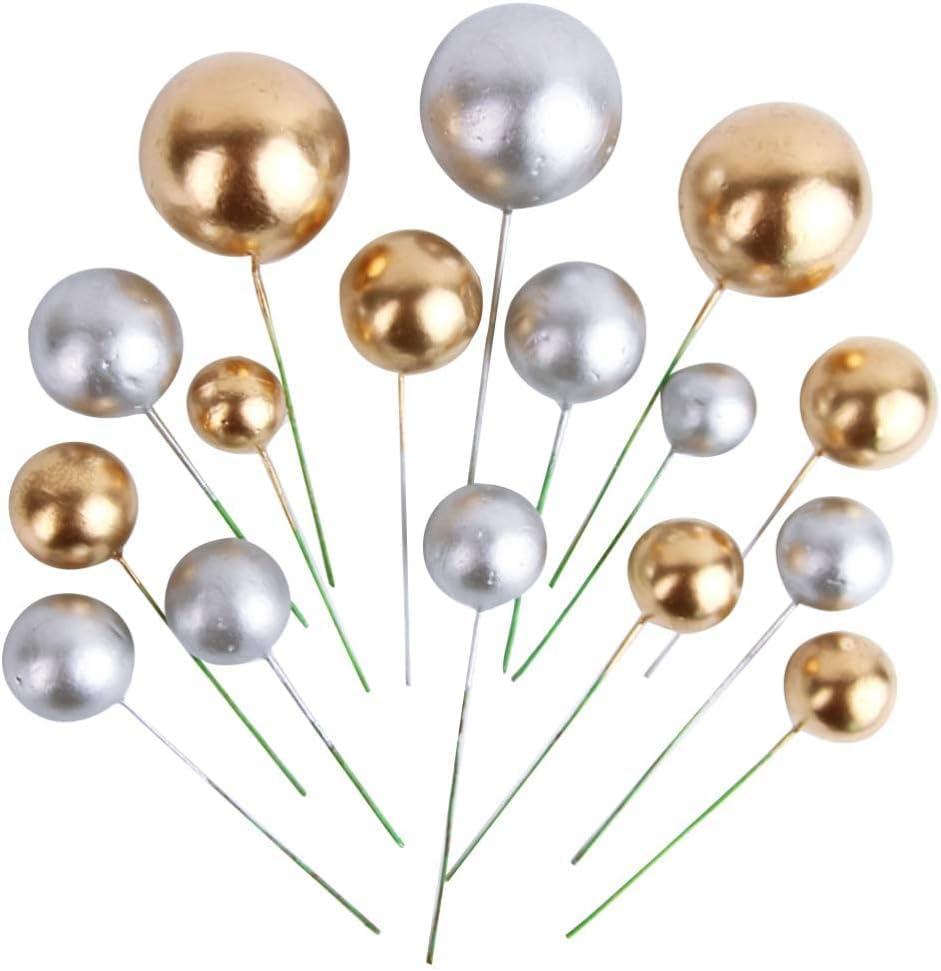 16Pcs Birthday Christmas Cake Toppers Golden Silver Balls Pearl Foam Cake Decoration Cupcake Dessert Topper Picks Holiday Party Supplies