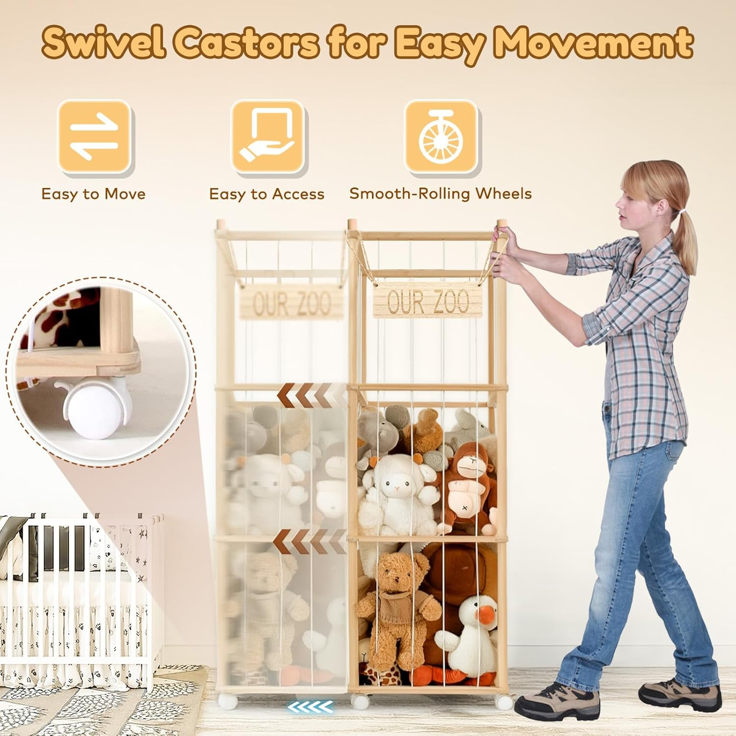 Wooden Plush Toy Storage Tower with Wheels, Stuffed Animal Storage Elastic Cord Cage for Plush Toys, Soft Toy Organiser for Kids' Room & Play Area image number 2