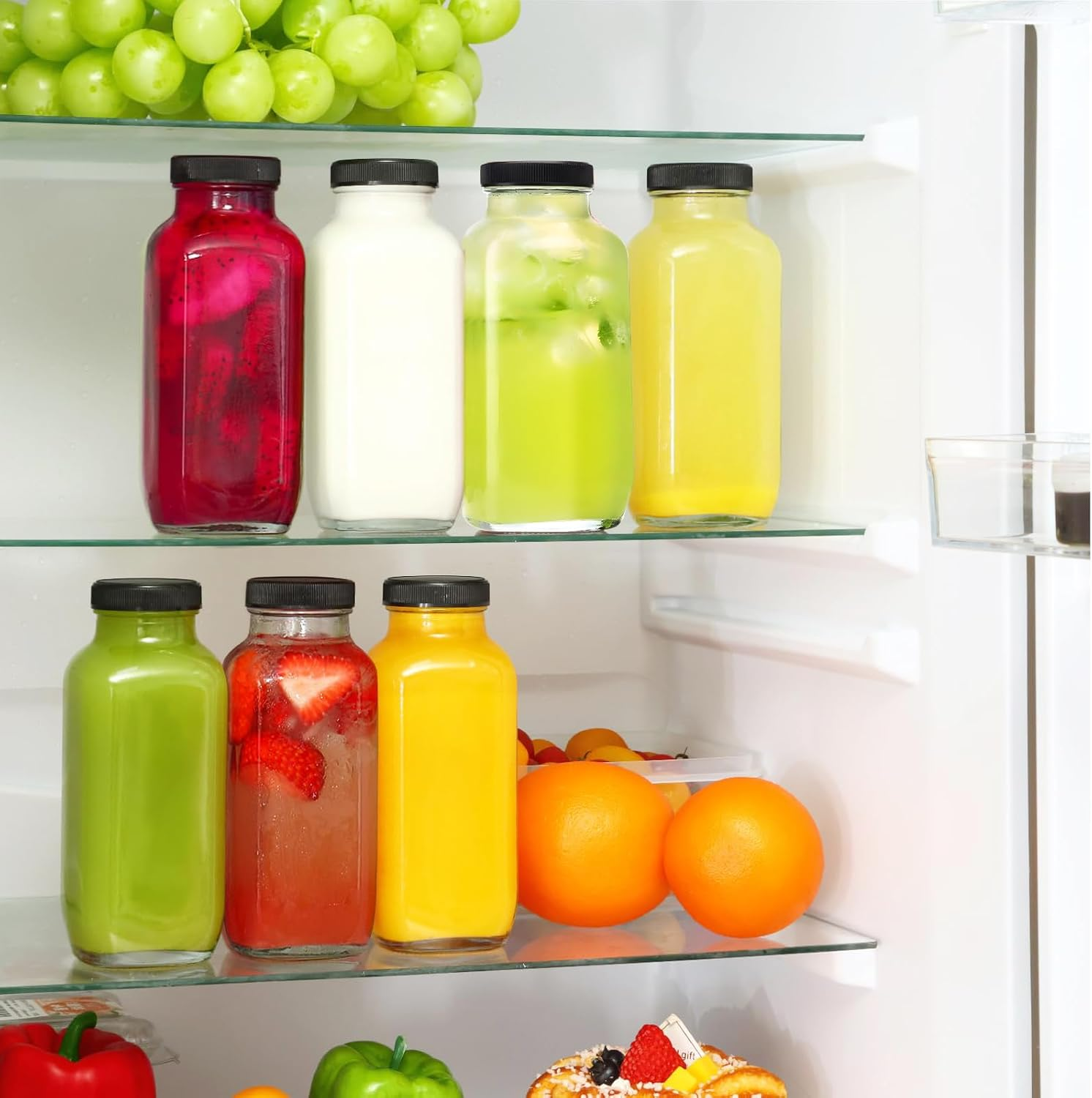 Fayrvind 8 Pack Glass Juice Bottles, 350Ml Wide Mouth Smoothies Bottle, 12Oz Clear Drinking Jar for Water Milk Beverage Kombucha, Reusable Juice Container with 10 Lids and Brush image number 1