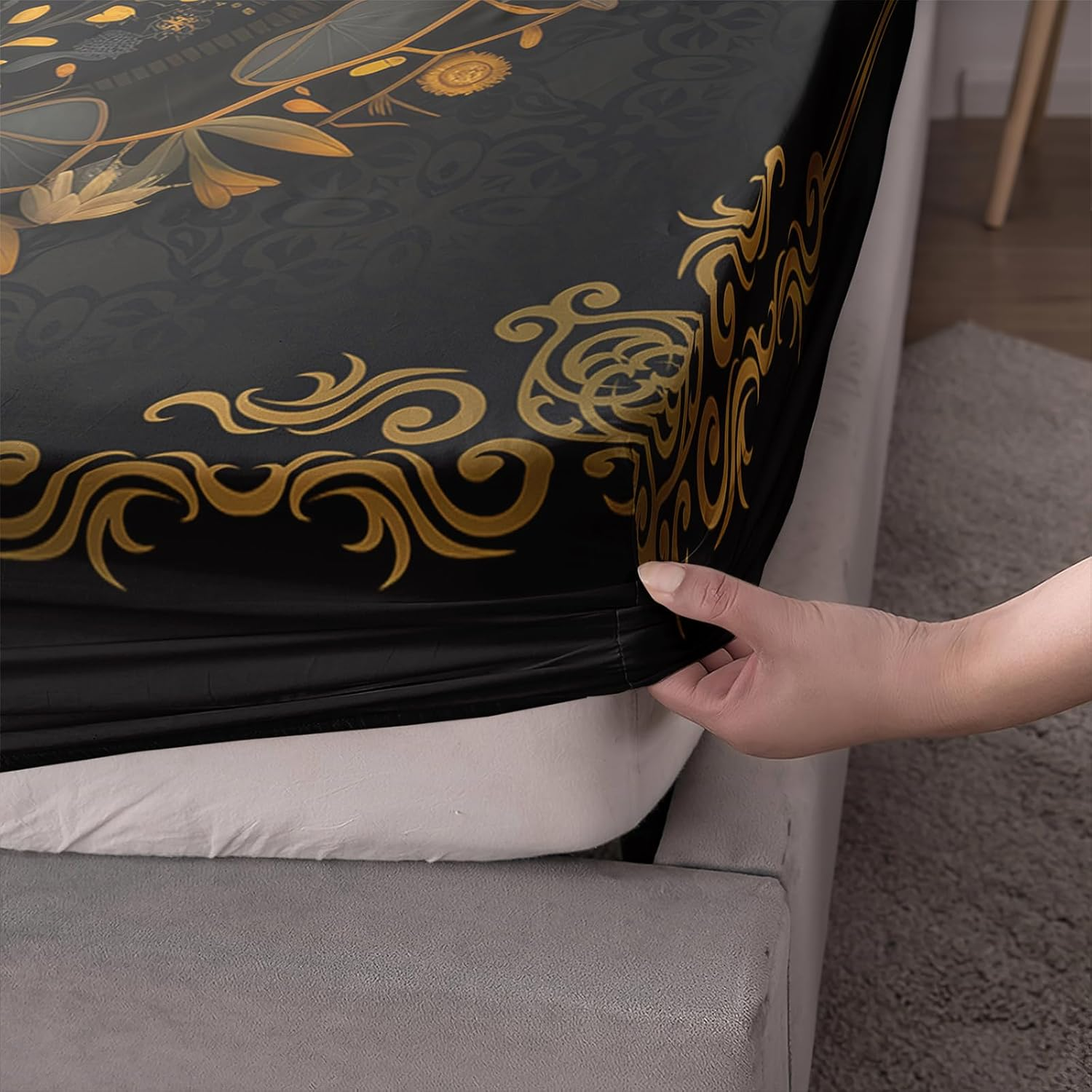 AILONEN Bohemian Bee Fitted Sheet Set Full Size,Black and Gold Luxury Bedding Set for Kids Teens Girls,3-Piece Boho Sunflower Floral Bed Sheet with 2 Pillowcases image number 3