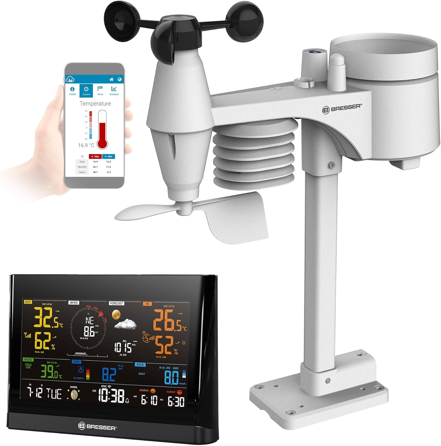 Bresser WLAN Comfort Weather Station with 7-In-1 Professional Sensor and Modern Colour Display, Black image number 6