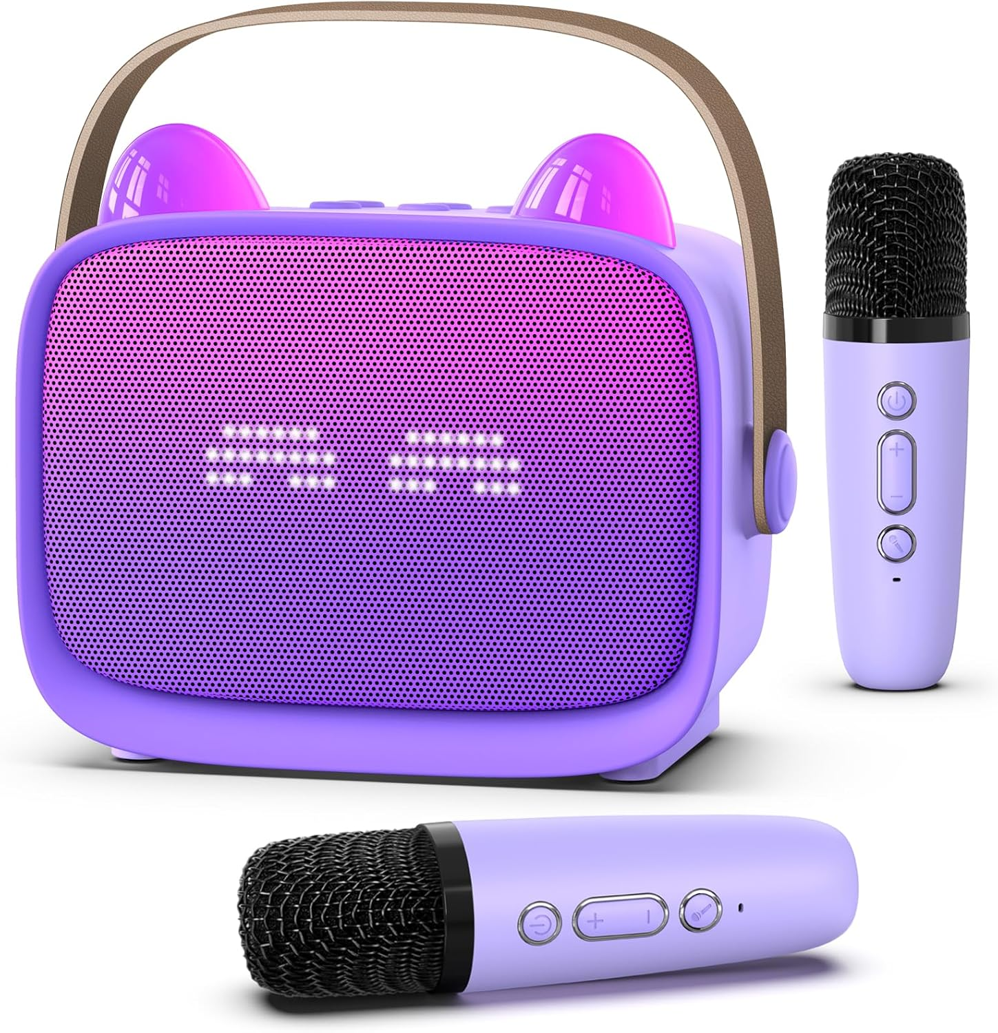 Mgaolo Upgraded Mini Karaoke Machine Toy for Kids, Portable Bluetooth Speaker with 2 Wireless Mics, Emoji & Colorful LED Lights, Home Travel & Party Play Gifts for Boys Girls (Purple) - Blue image number 3