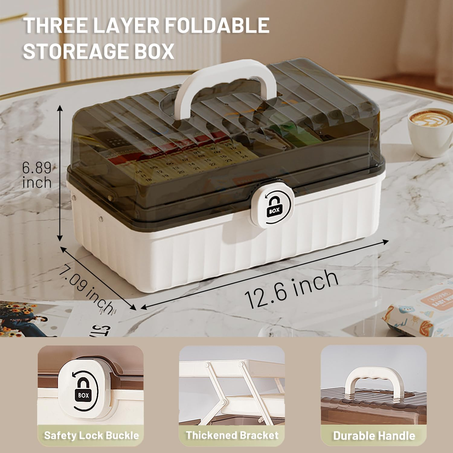 VNIMTI Makeup Display Case, 3 Layer Cosmetics Organizer, Large Makeup Vanity Organizer Storage Box, Jewelry & Skincare Organizers for Bedroom, Countertop, Foldable, White image number 1