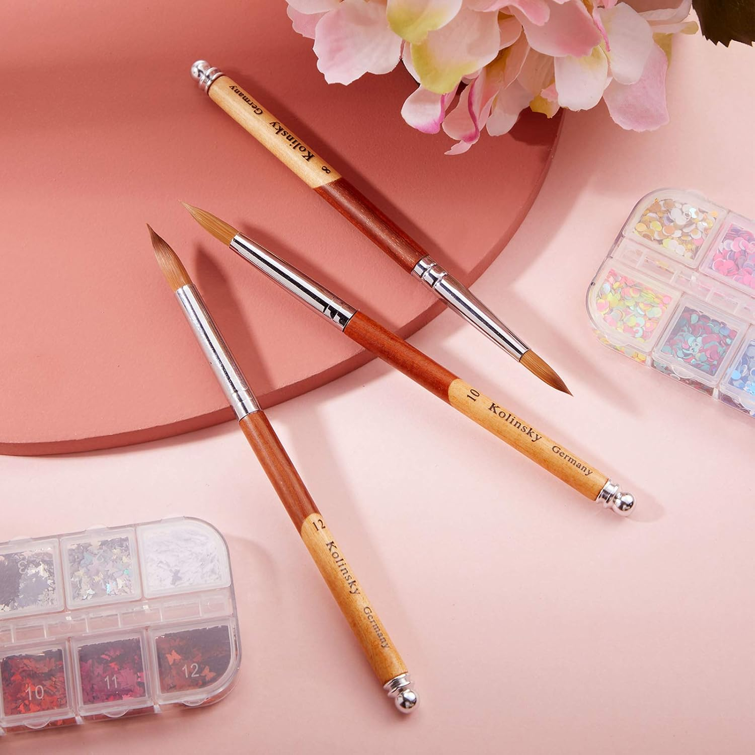 3 Pieces Kolinsky Acrylic Nail Brush Sable Nail Art Liner Brush Soft Nail Brushes for Acrylic Nails with Wooden Handles for Acrylic Application Liquid Styling Nail Art Manicure, Size 8, 10, 12 image number 1