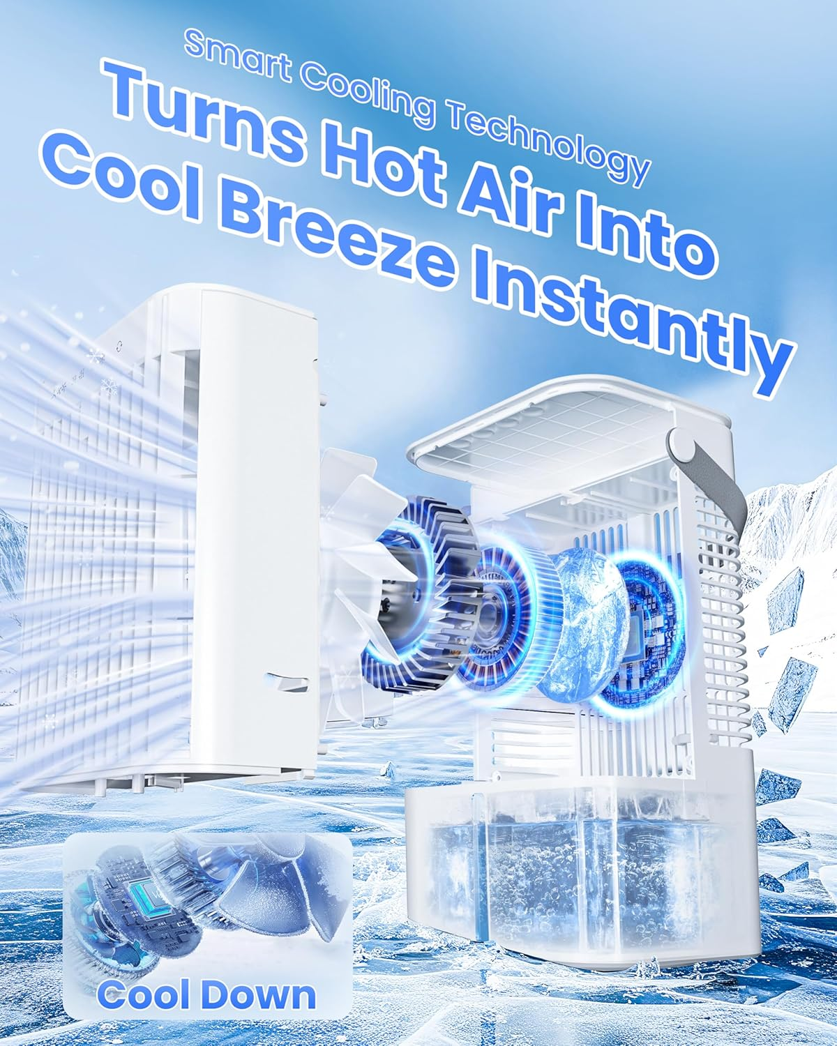 YESDEX Portable Air Conditioner - Evaporative Air Cooler Desk Fan 1200ML Water Tank, 3 Speeds & Timer Personal Cooling Fan, 90&deg; Oscillating Mini AC Unit USB Fan for Home Bedroom Office Indoors Room image number 6