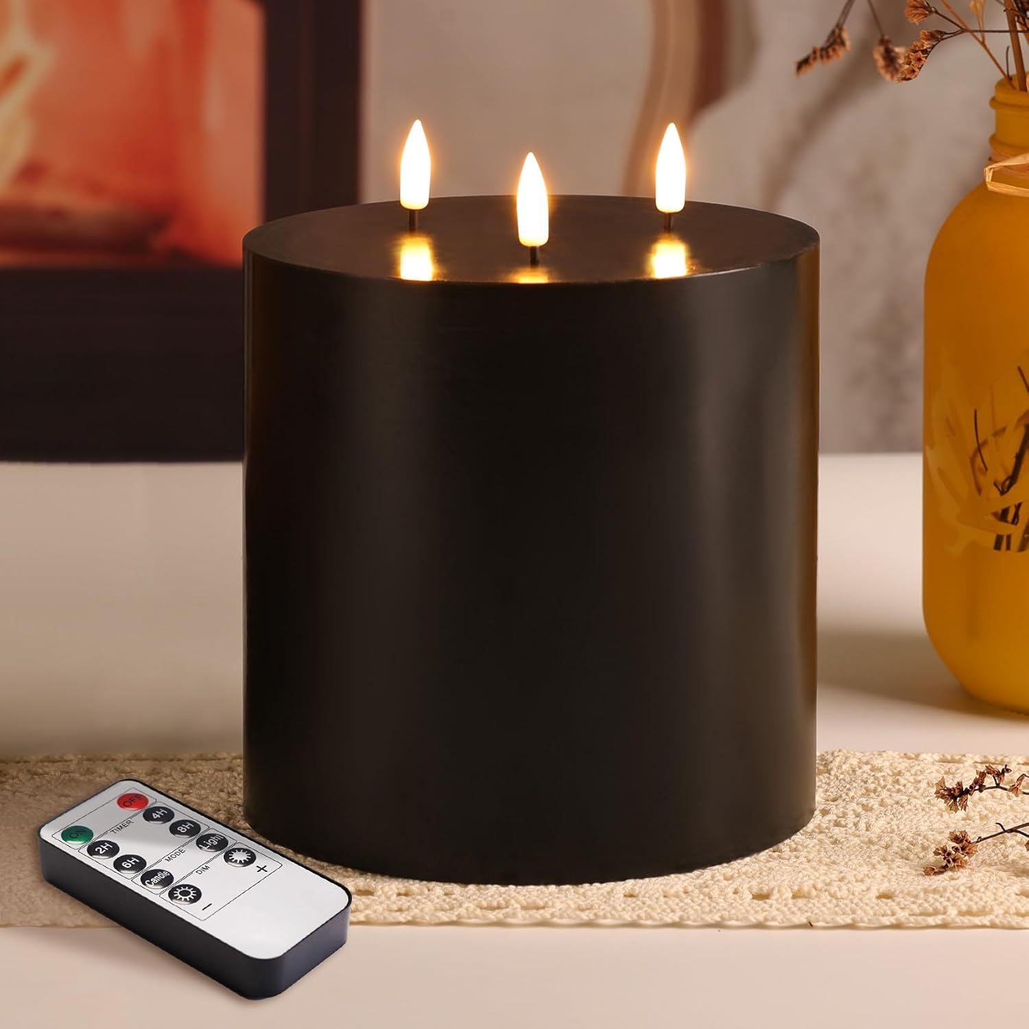 3 Wick Black Flameless Candle with Remote, Large Halloween LED Pillar Candle, Battery Operated Candle 6X6 Inch image number 1