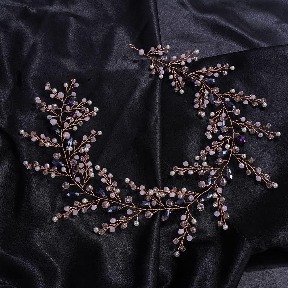 Teyglen Women Bride Wedding Rhinestones Crystals Long Headband Hair Vine Handmade Bridal Pink Rhinestone Pearls Beads Headband Wedding Hair Accessories for Brides Headpieces for Women Bride (Pink) image number 3