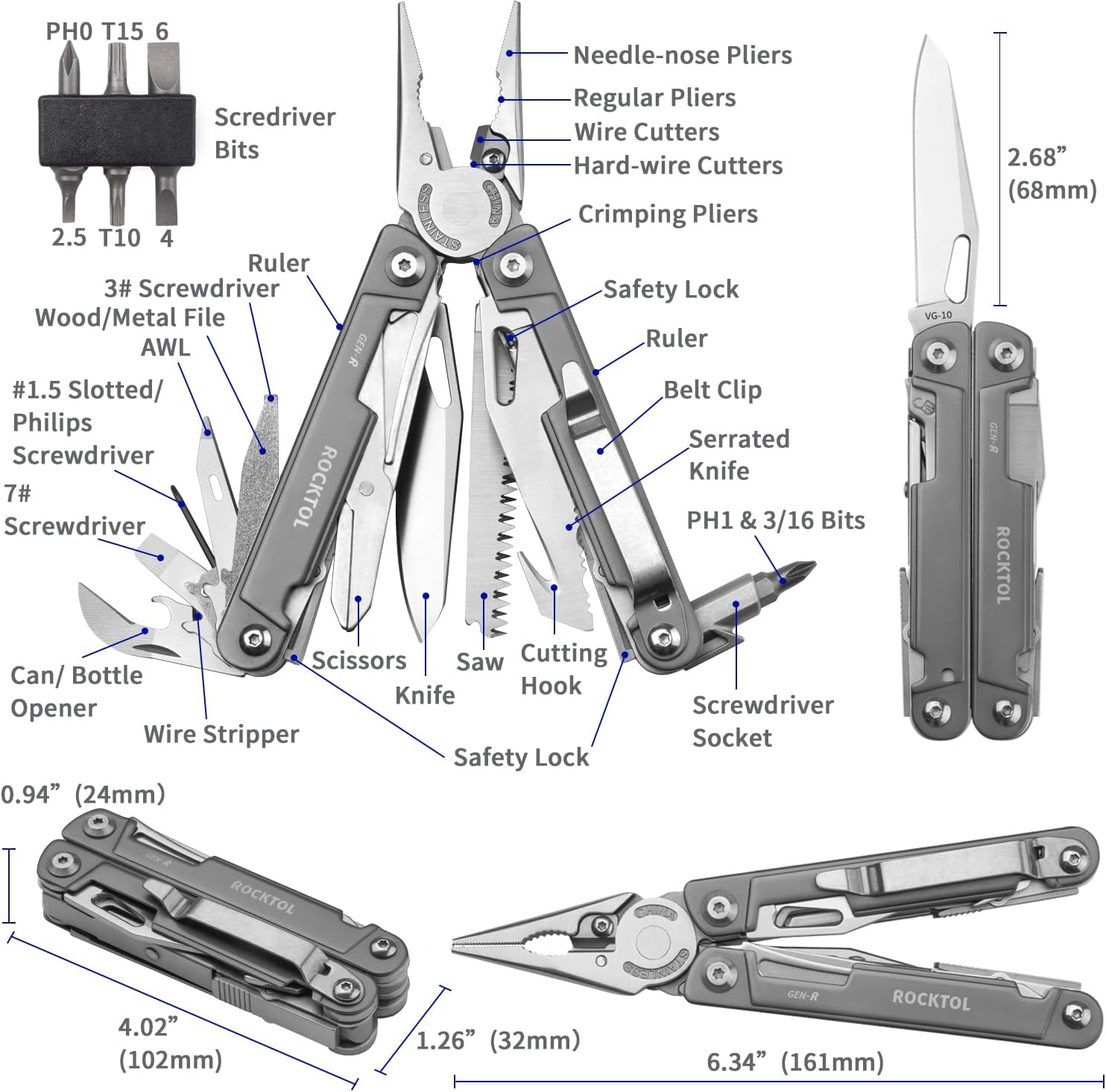 ROCKTOL Multitool Pliers, EDC Multitool Pocket Knife VG10 Blade, 27-In-1 Multi-Tool with Titanium-Plated Handle, Precision Screwdriver, Gut Hook for Hunting, Backpacking, Hiking, Camping, (Gen-R) image number 4