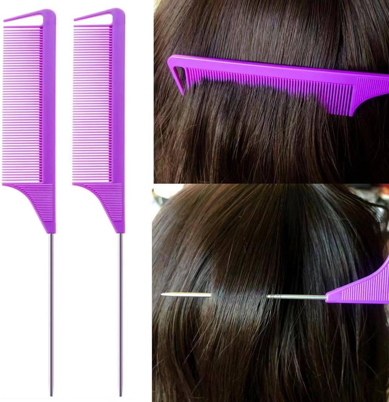 8Pcs Hair Brushes Set with 4Pcs Topsy Hair Tail Tools 1Pcs Bristle Teasing Hair Brush 1Pcs Edge Control Brush 2Pcs Metal Pin Rat Tail Combs for Woman Girl Hair Styling,Edge&Back Brushing Purple image number 5