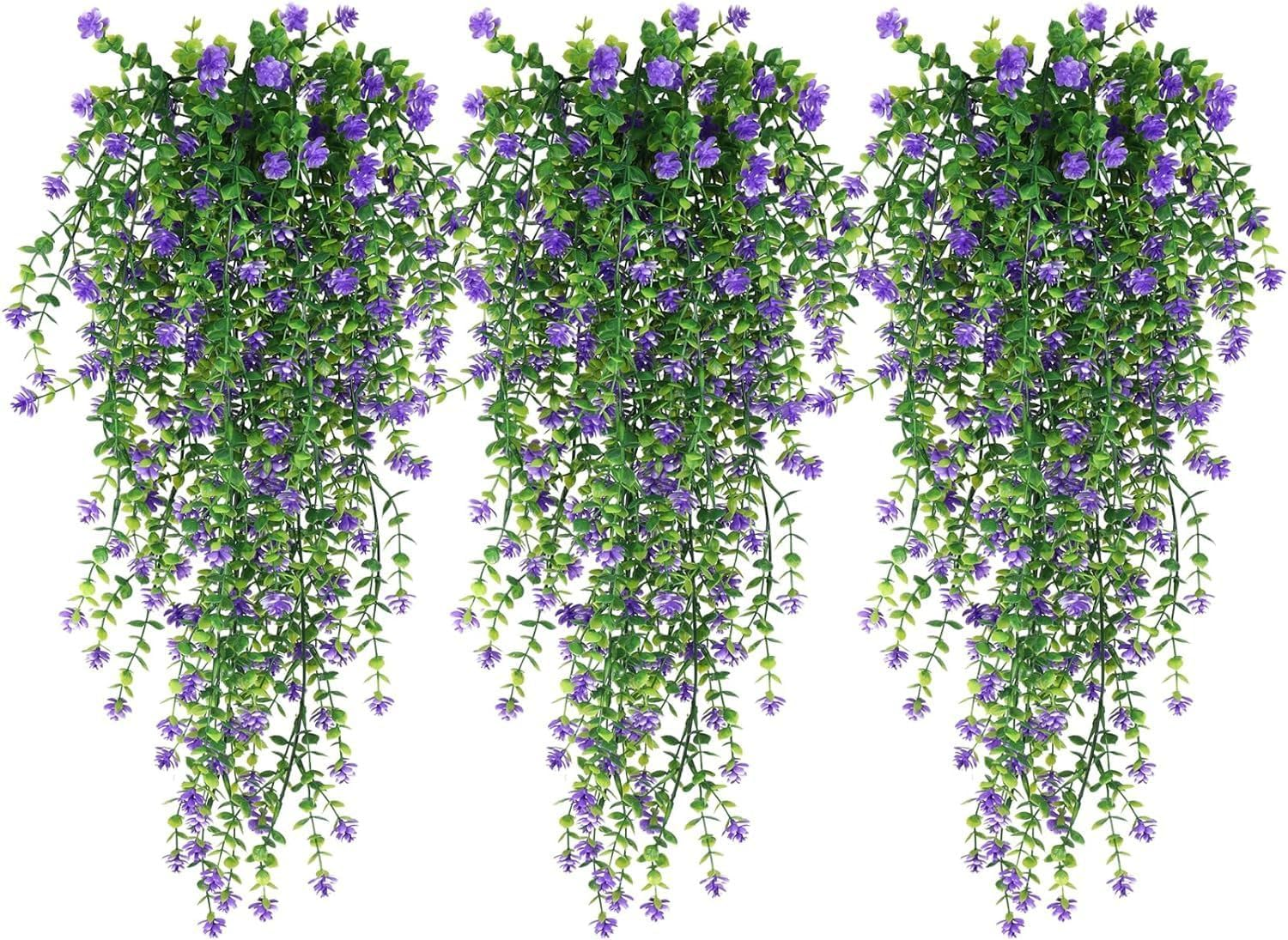 AU7042-3 2 Artificial Hanging Flowers Eucalyptus UV Protection Fake Plants Vine Hanging Flowers Plastic Green Home Garden Wedding Party Indoor and Outdoor Decoration Red (Excluding Plates)