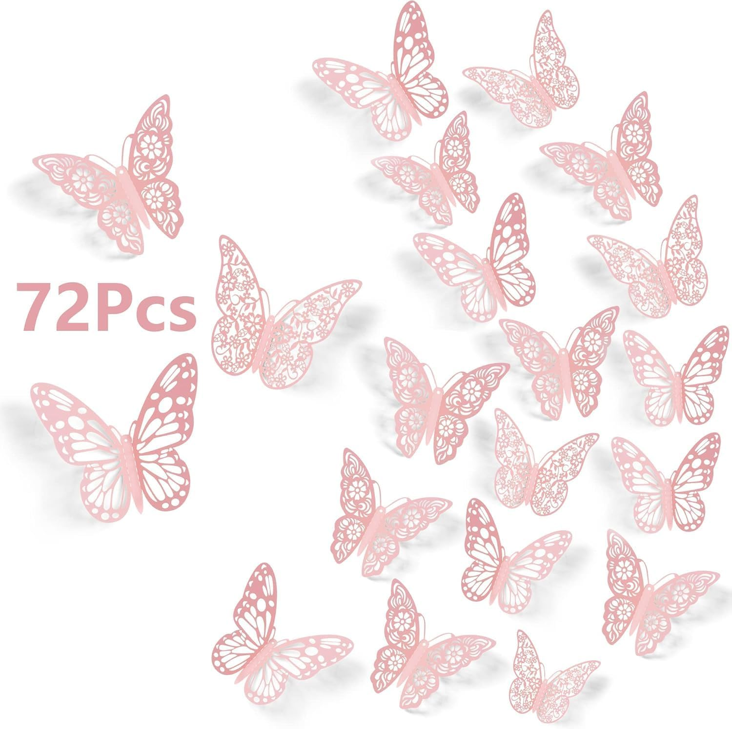 48Pcs 3D Butterfly Wall Decor Stickers, Gold Butterfly Decorations 3 Styles 3 Sizes,Butterfly Decorations Butterfly Party Cake Decorations 3D Butterfly Stickers Decals (Pink)