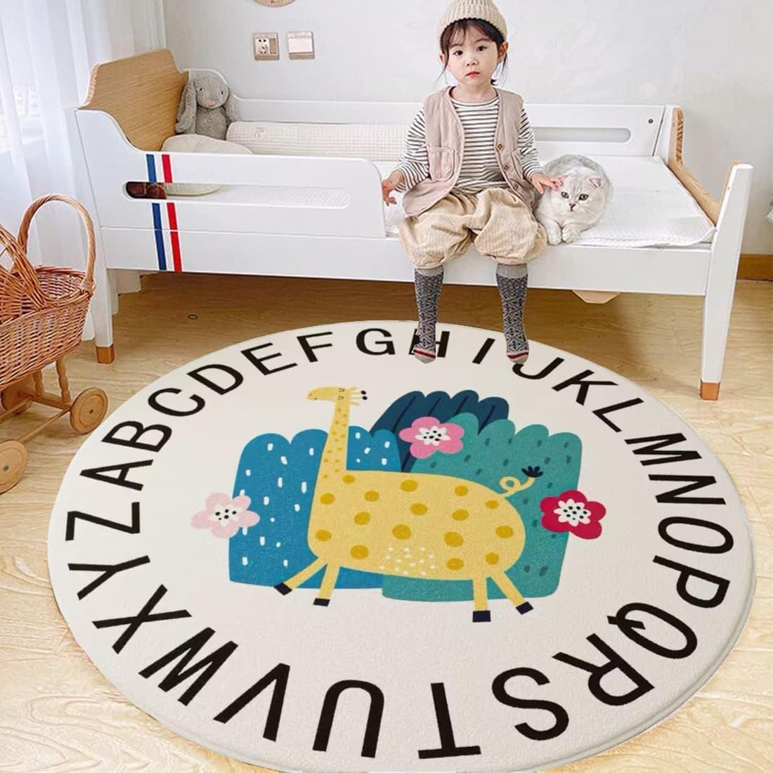 Kids Play Rug 100Cm, Kid Rugs Animal Play Rug, ABC Giraffe Educational Washable round Area Rug, Kids Nursery Door Mat Soft Plush Non-Slip Childrens Carpet for Bedroom Living Room Kids Playroom image number 5