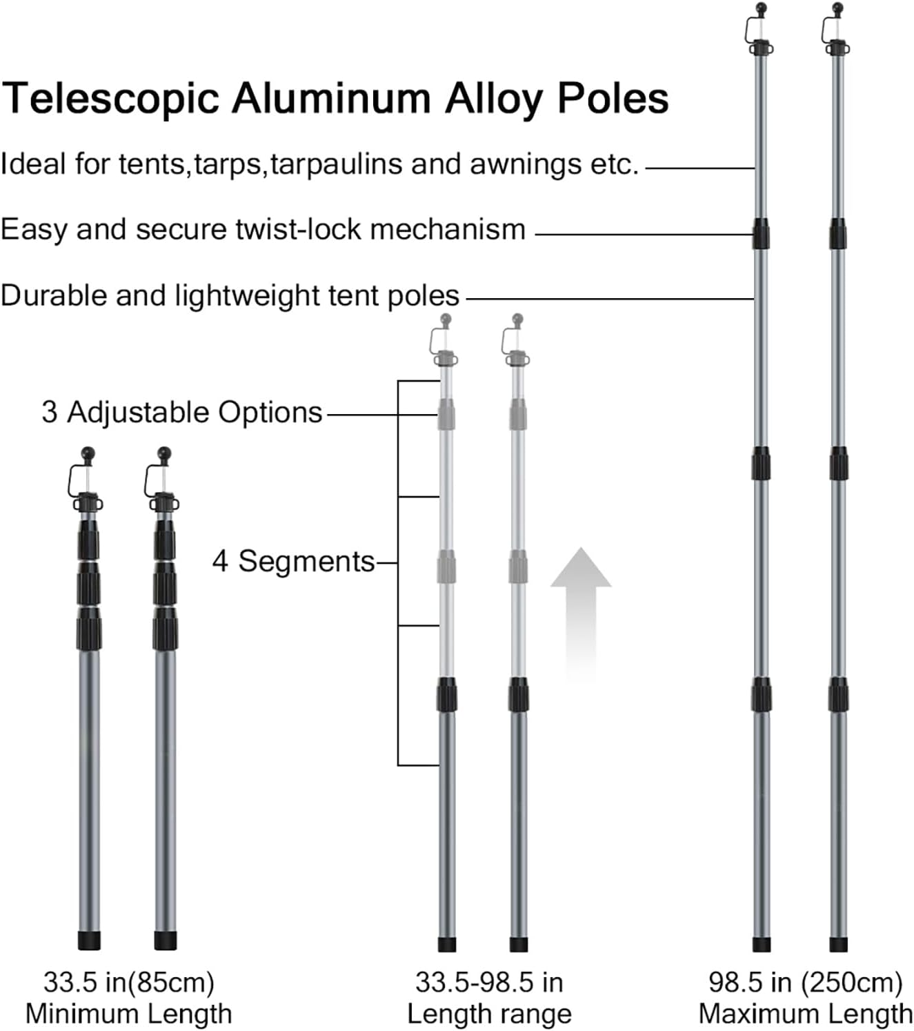 KOMCLUB Telescoping Tarp Poles 4 Section Adjustable Tent Poles for Tarp, Portable & 98.5In Lightweight Aluminum Tent Accessories Set of 2 &1 Bag (Gray) - Grey image number 4