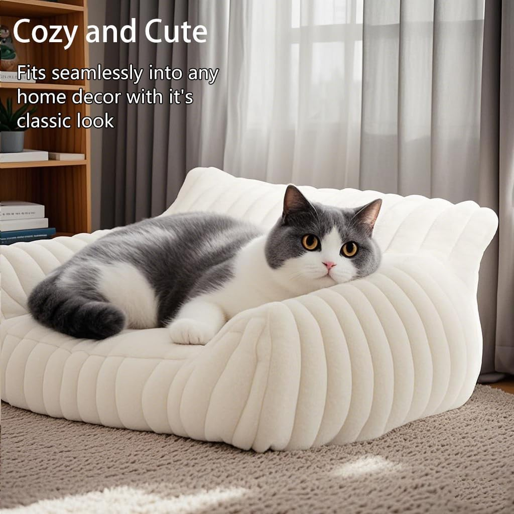 Cute Cat Couch Bed for Indoor Cats, Fluffy Cat Sofa with Premium Soft Corduroy Fleece, Fuzzy Pet Chair with Removable Washable Cover, Orthopedic Small Pet Bed with Non-Slip Bottom (:61*45*25Cm,Cream)