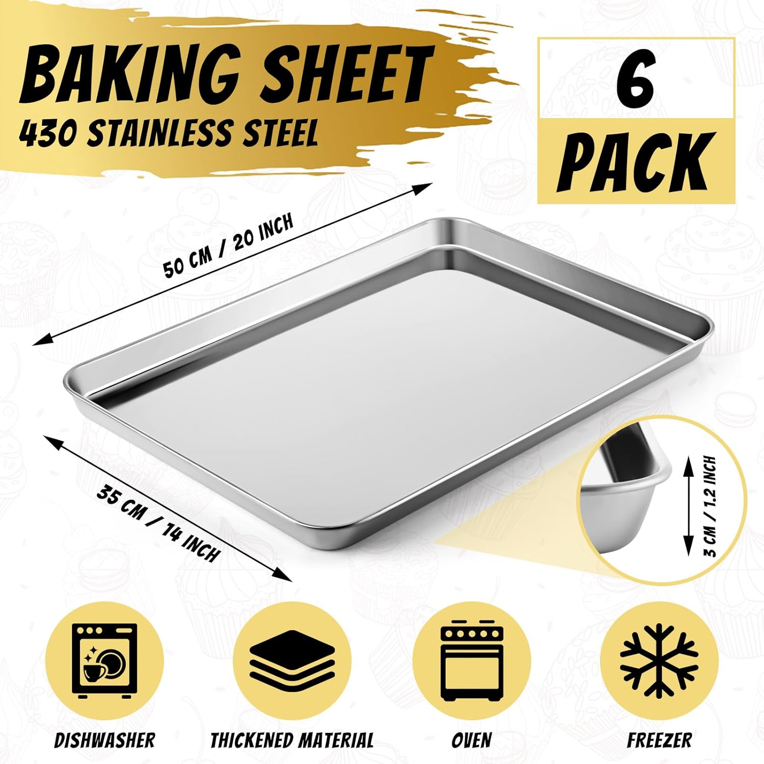 Mimorou 6 Pcs Baking Sheet Set Stainless Steel Cookie Sheet Cookie Baking Pan Bakeware Oven Tray Dishwasher Safe Commercial Grade Pans(20X14X1.2 Inch) image number 1
