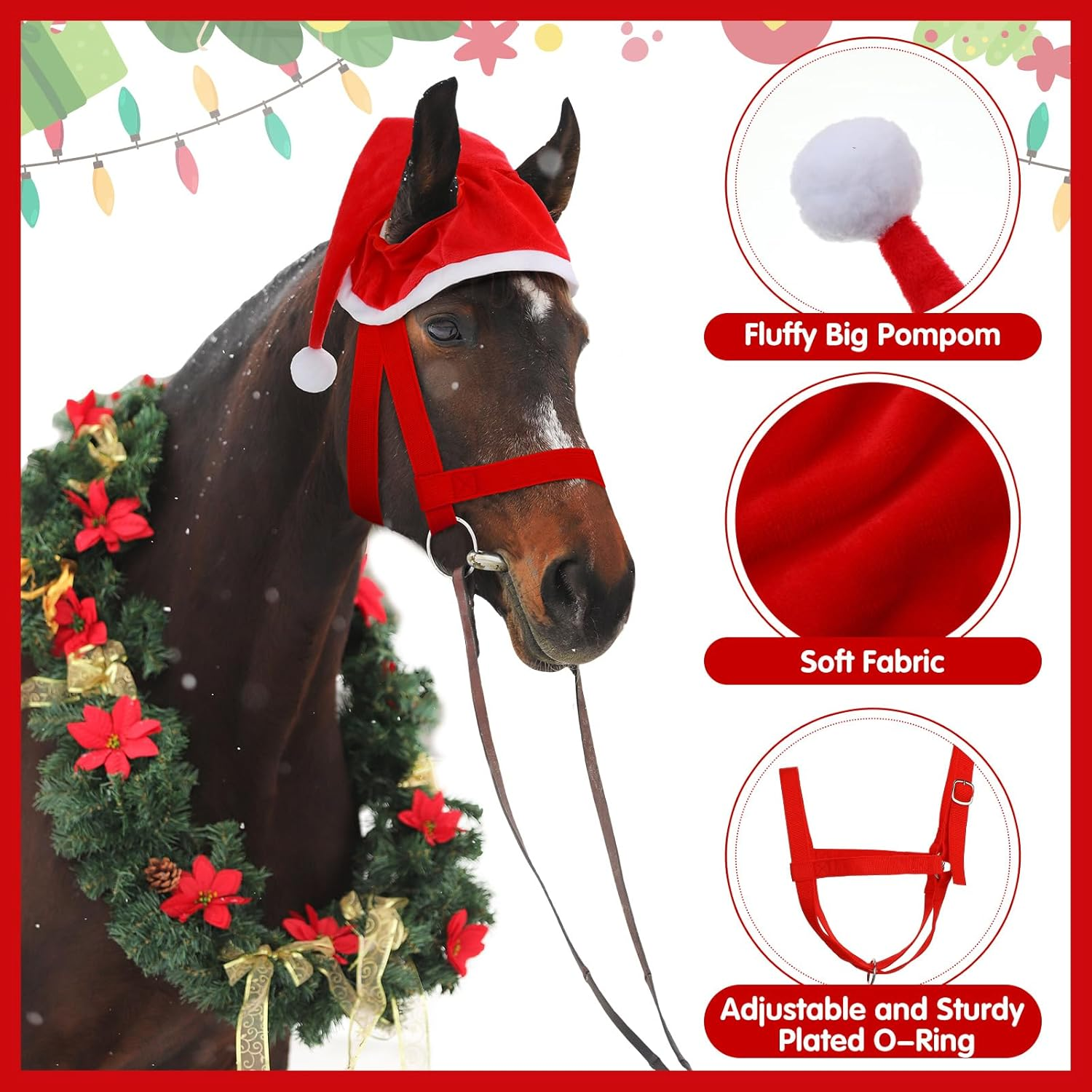 Paterr 4 Pcs Christmas Santa Horse Hat Holiday Elf Horse Hat Adjustable Christmas Horse Halter Set