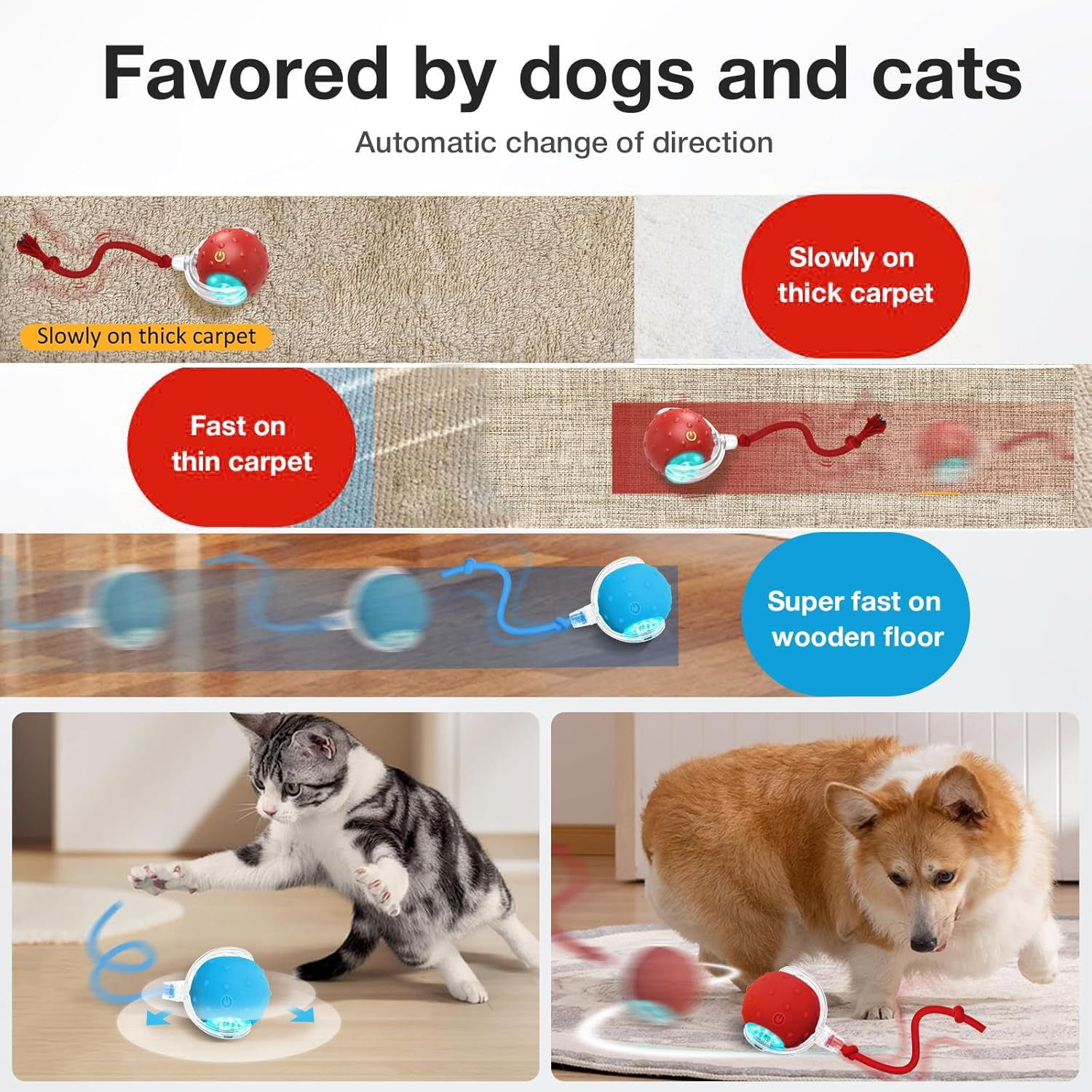 2-Pack Interactive Cat Toys Ball for Indoor Cats Fast Rolling on Carpet, Birds Chirping & Motion Activate Kitten Cat Toys (Blue & Red)