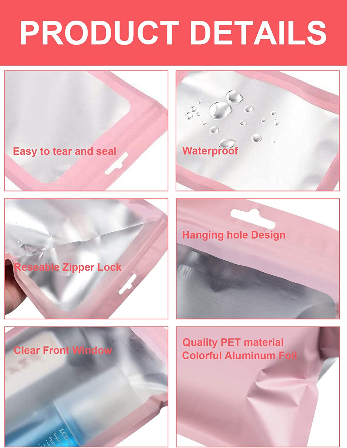 100 PCS Candy Food Bags, Resealable Bags for Small Business with Zip Lock,Reusable Smell Proof Mylar Bags with Clear Window,Holographic Pouch Bags for Food Storage Snacks Beans Coffee Jewelry (14*20) image number 6