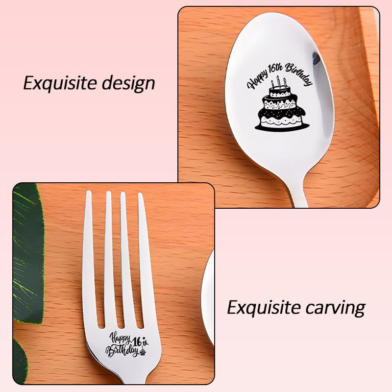 16Th Birthday Gifts for Daughter Son 16 Birthday Tableware for Granddaughter Grandson Sixteen Birthday Gifts for Nephew Niece 16 Year Old Birthday Presents for Girls Boys 16 Bday Gift Fork Spoon 2 Pcs