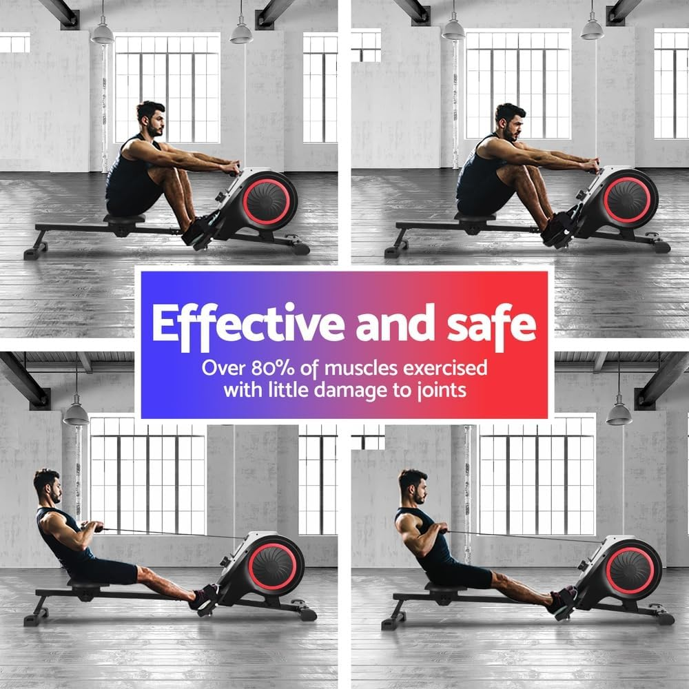 Everfit Elastic Rope Resistance Rowing Machine, Foldable Magnetic Rower Home Gym Fitness Equipment Cardio Workout Exercise, Adjustable 16 Levels 120KG Weight Capacity LCD Monitor Black image number 6