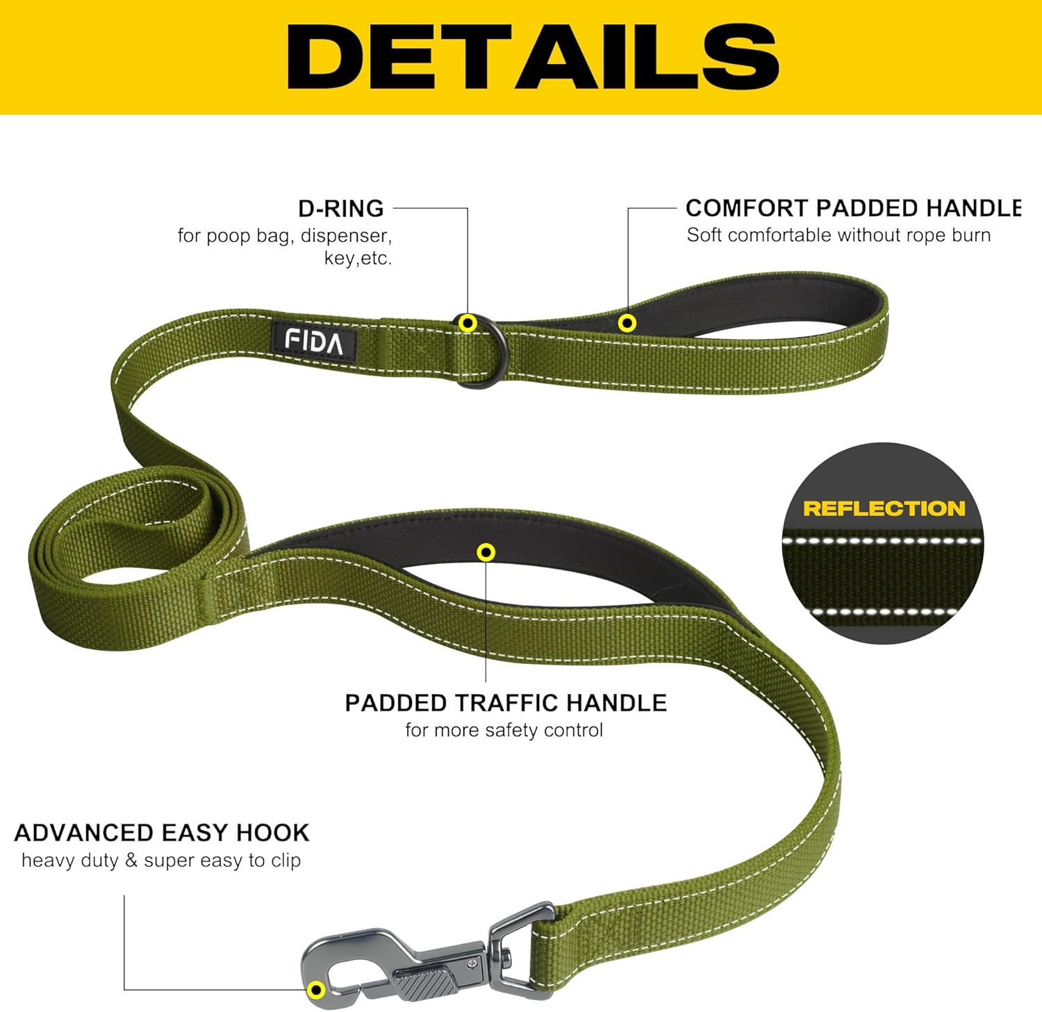 Fida Dog Leash Traffic Padded Two Handles, Advanced Easy Clasp, Heavy Duty Reflective Leashes for Control Safety Training, Walking Lead for Small to Large Dogs, 4 Ft, Green