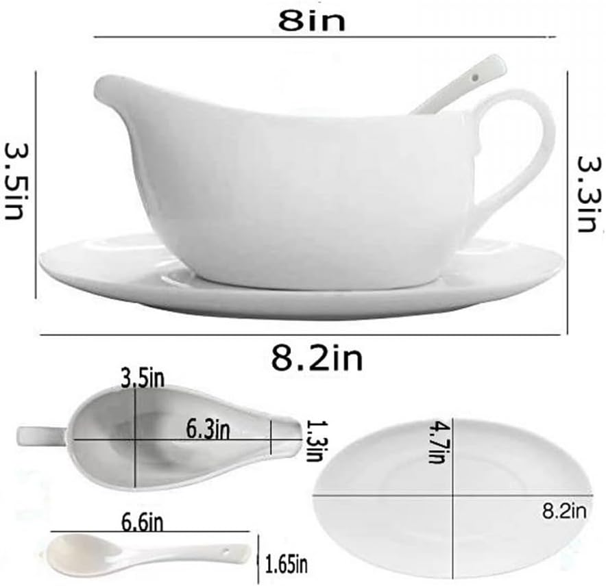 Qlans Gravy Boat with Ladle and Saucer 17 Oz,Ceramic Sauce Boat with Tray for Salad Dressings Milk,Warming Sauces,Creamer,Broth,Black Pepper,White (1 PCS New Gravy Boat with Ladle and Saucer) image number 2