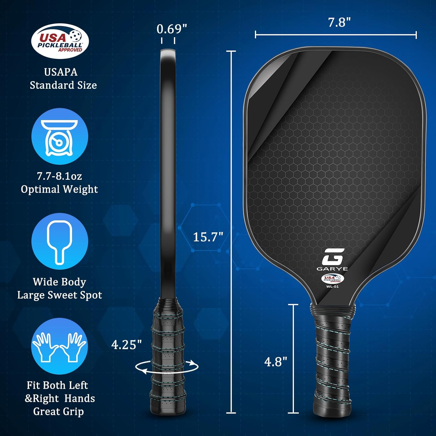 GARYE Pickleball Paddles, 16MM T700 Raw Carbon Fiber Pickle Ball Paddle That Has Great Grit & Spin, USAPA Approved Thermoformed Pickleball Rackets with Power and Control, 2 Grip Tapes 1 Cover image number 6