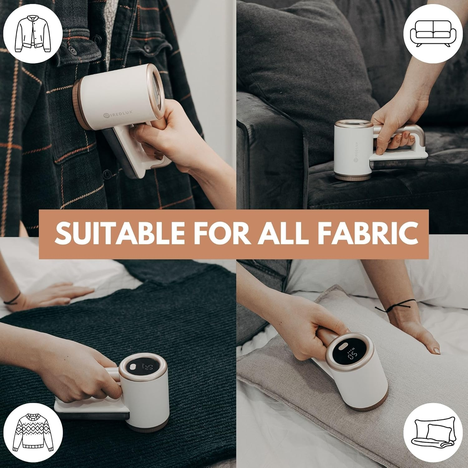 Electric Lint Remover Wiredlux - Rechargeable Fabric Shaver Bobble Remover for Clothes & Furniture - Adjustable 3-Speed, 6-Leaf Blade, LED Display, USB Charging (White) image number 2