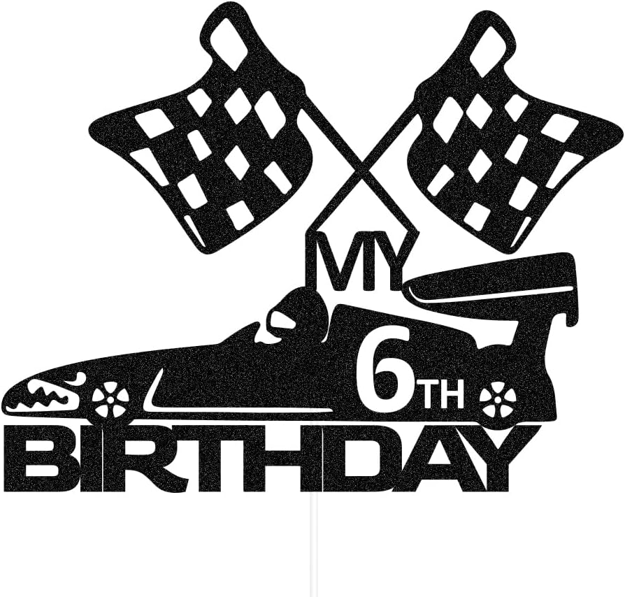 SWEETTALA Racing Car 6Th Cake Topper for Race Car Checkered Flag Themed Kids Boy Girl 6 Years Old Birthday Party Decorations Black Glitter (My 6Th Birthday) image number 1