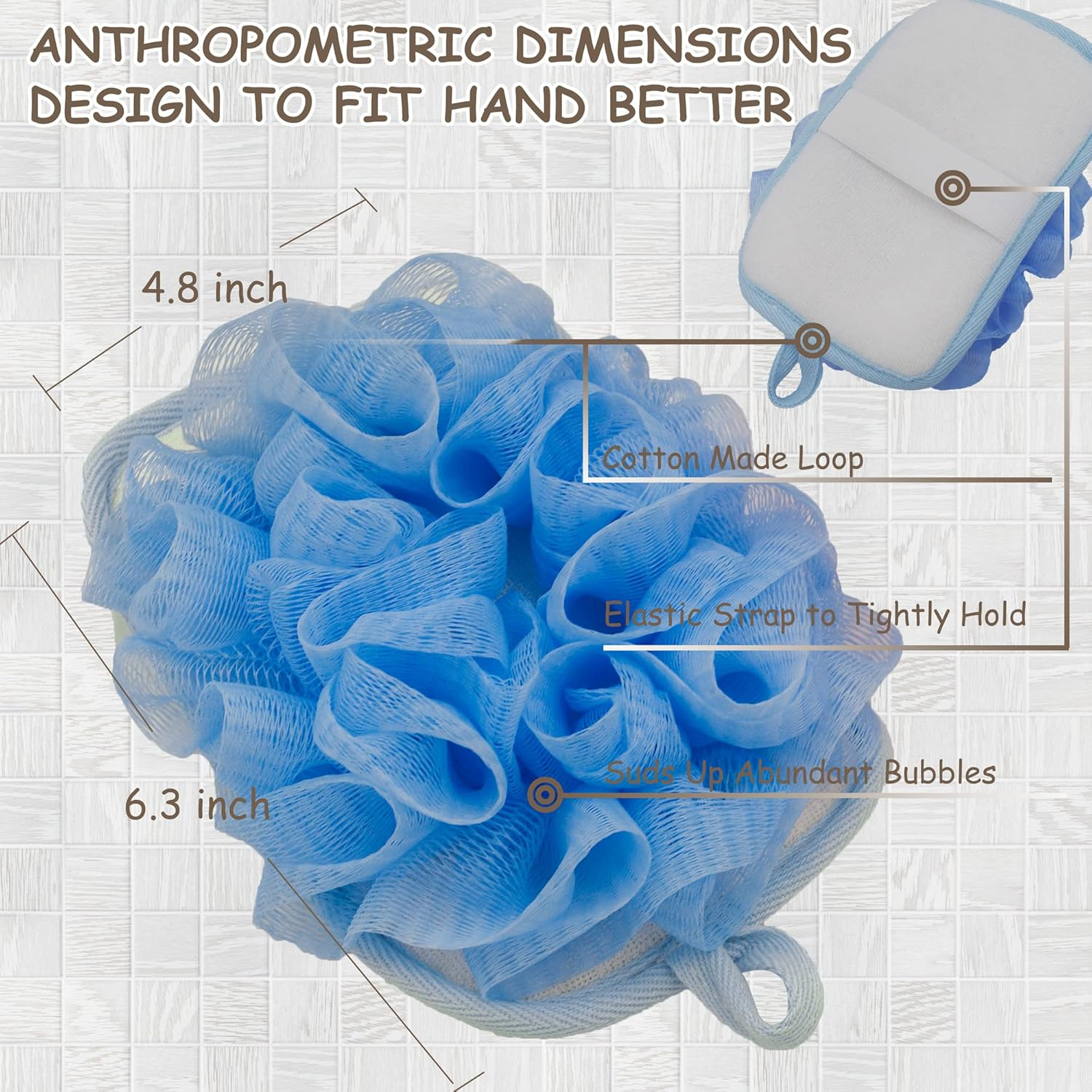 Bleu Bath (2 Pack) Exfoliating Bath Sponge Body Loofah Mitt Pad Shower Pouf Elastic Hand Strap Mesh Sponge Shower Scrubber image number 2