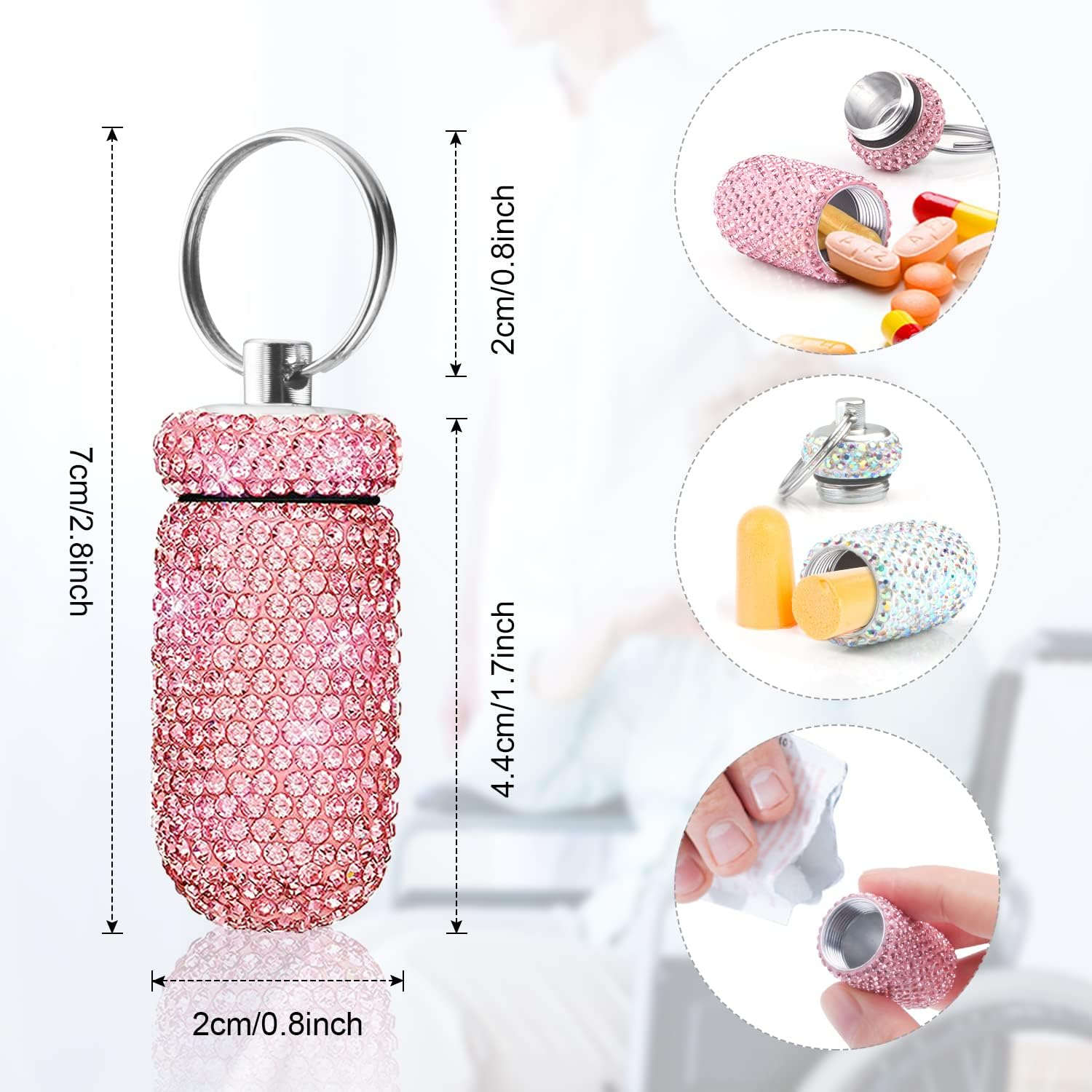 2 Pack Portable Pill Case Bling Rhinestone Pill Container Box Waterproof Medication Holder Organizer Bottle with Keychain for Outdoor Camping Travel Purse Pocket image number 3