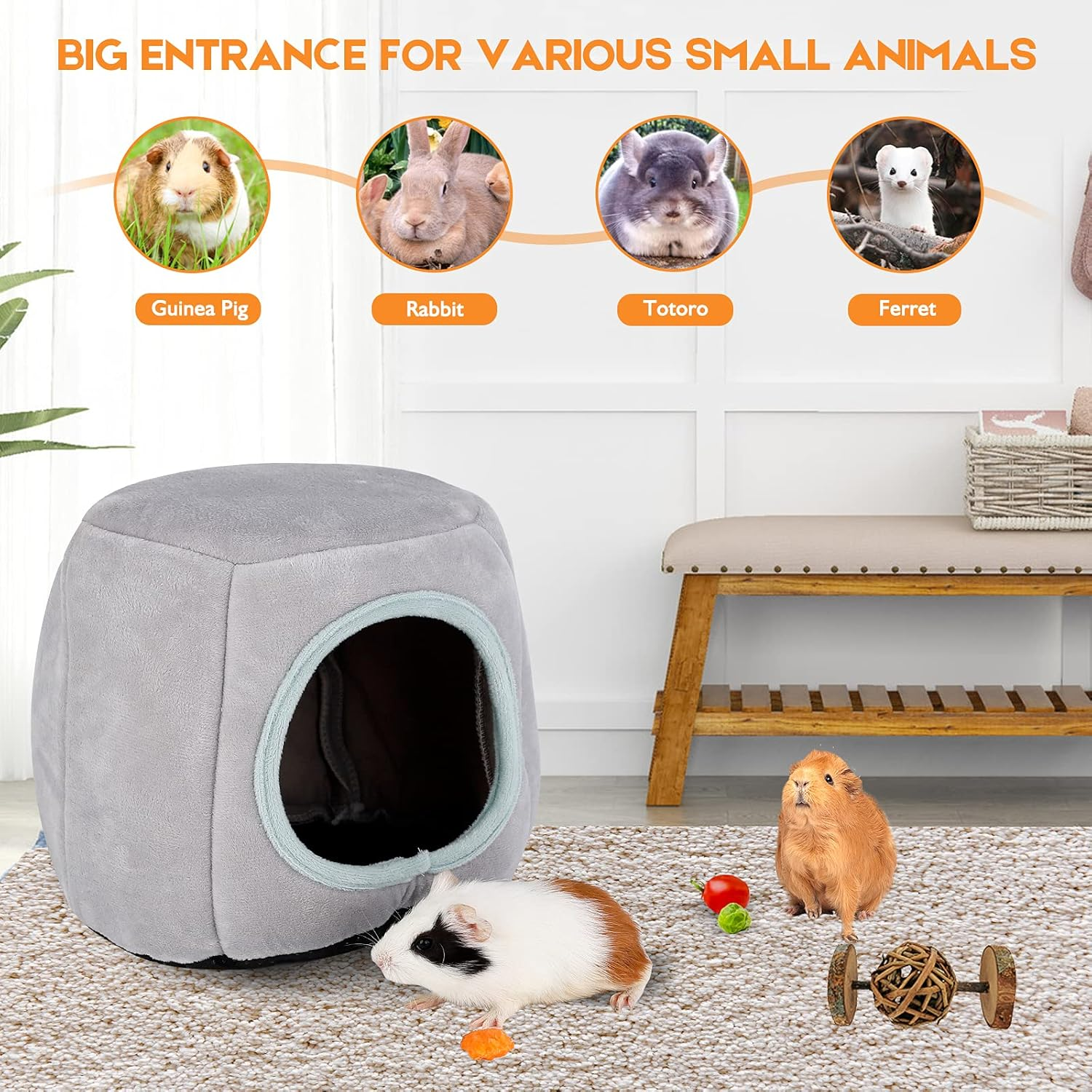 Guinea Pig Hideout - Guinea Pig Bed, Bunny Hideout, Rabbit Bed, Ideal Hides for Small Pets, Gray image number 6