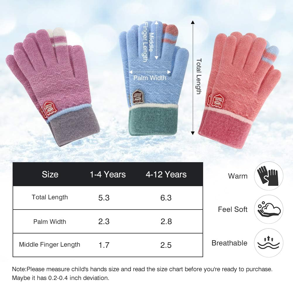 ORVINNER Kids Winter Gloves for Boys Girls, 3 Pairs Children Warm Wool Lined Gloves Toddler Thermal Knitted Mittens - A2 - Black / Dark-Blue / Gray Pack image number 4