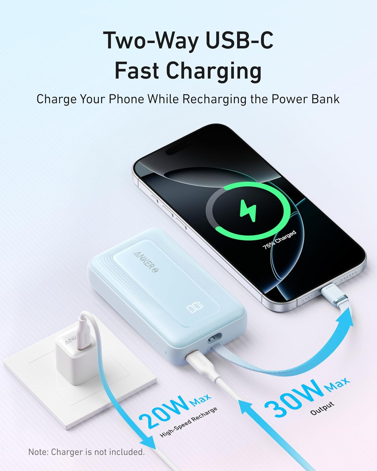 Anker Portable Charger, 10,000Mah 30W Power Bank, USB-C in and Out Fast Charging Battery Pack, Travel Essential Phone Power Bank, for Iphone 16/15/14/13/12, Ipad, Macbook, Galaxy, Google, and More