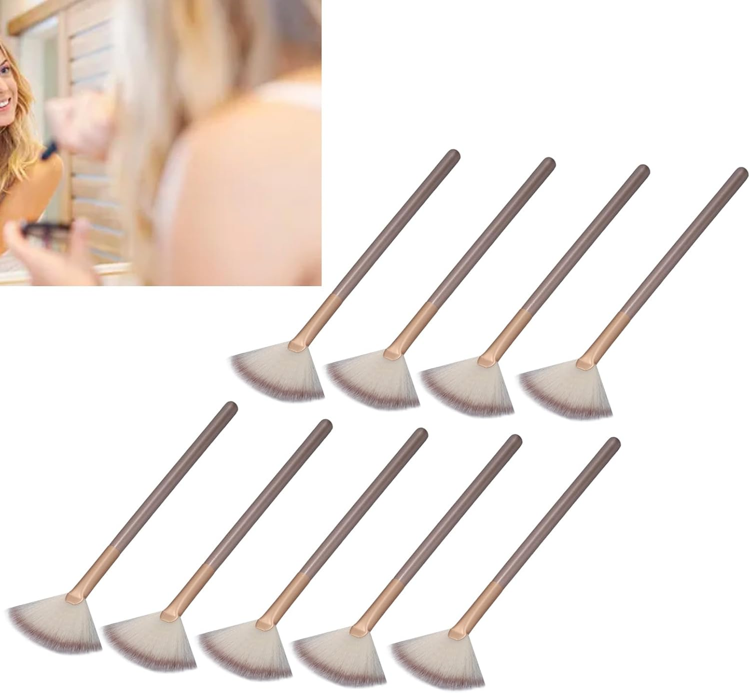 Ejoyous 9PCS Champagne Color Facial Fan Makeup Brush Set, Soft Fiber Bristles Aluminum Ferrule, Anti-Wear & Deformation, High Powder Pickup & Blending for Setting/Blush/Loose Powder image number 3