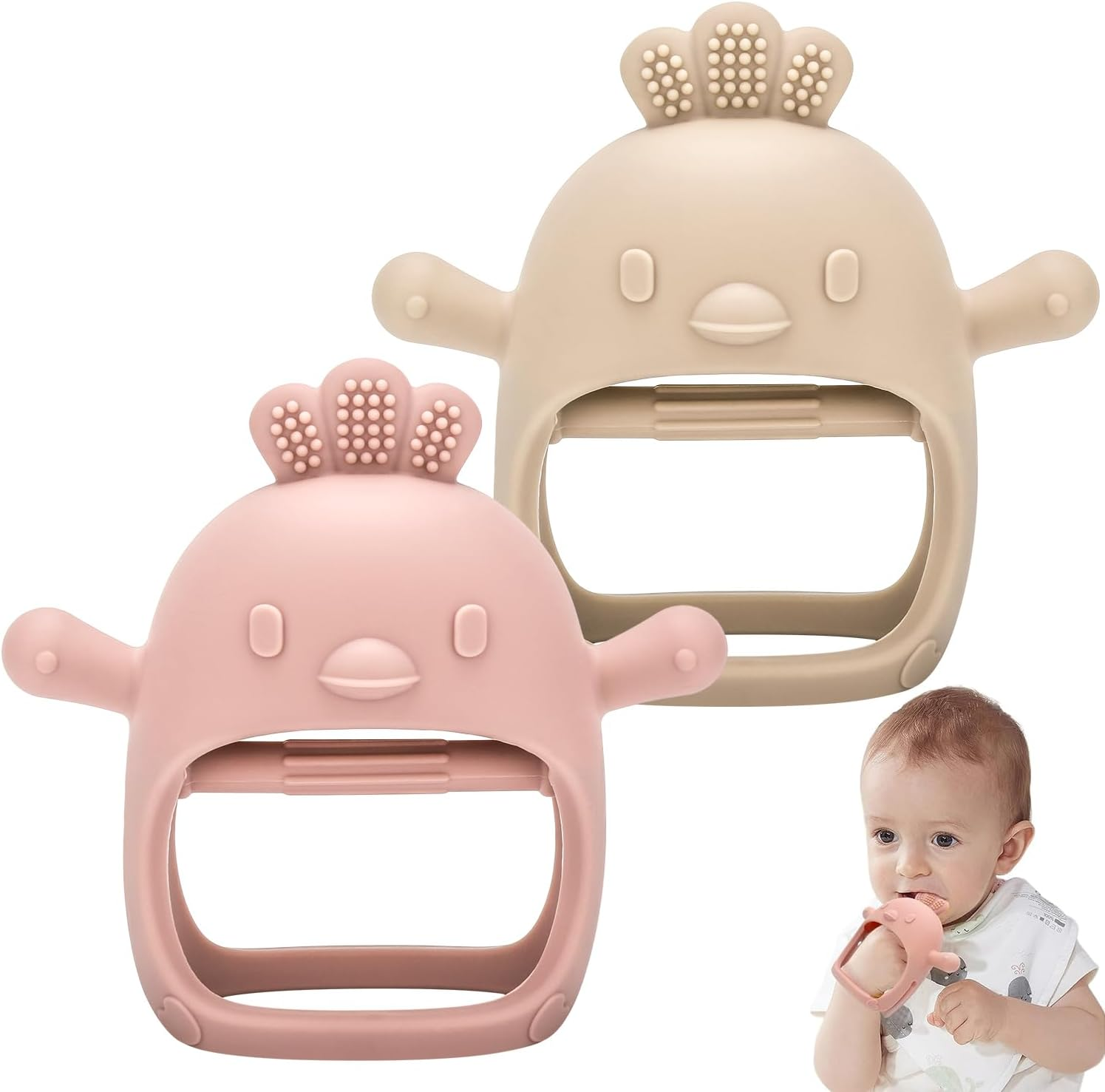 MISSLILI 2Pcs Baby Teething Toy for Infants 3+ Months, BPA Free Anti-Drop Silicone Chick Mitten Teether Toy for Soothing Sore Gums, Baby Chew Toys for Sucking Needs