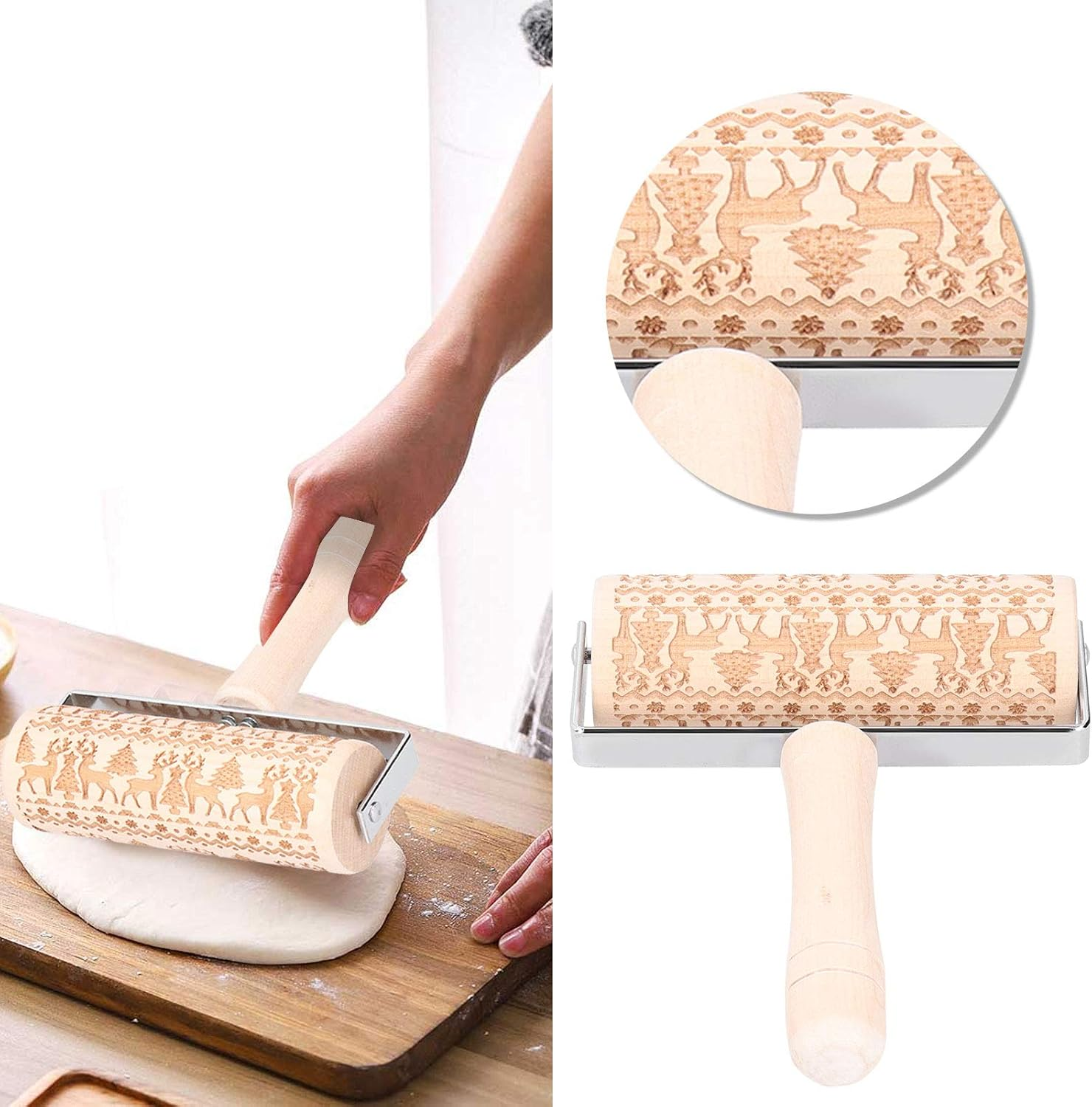 Christmas Wooden Rolling Pin for Baking, Engraved Embossing Rolling Pin Cookie Stamps Roller Grid Cookies Kitchen Decor Tools for Baking Embossed Cookies