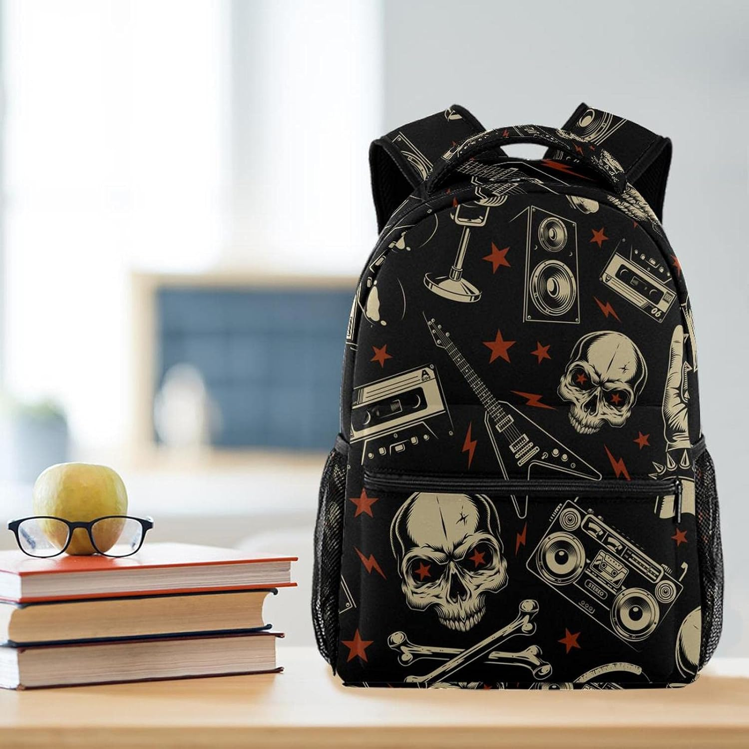 Grunge Pattern with Skulls Guitar Backpack Students Shoulder Bags Travel Bag College School Tote Backpacks image number 5