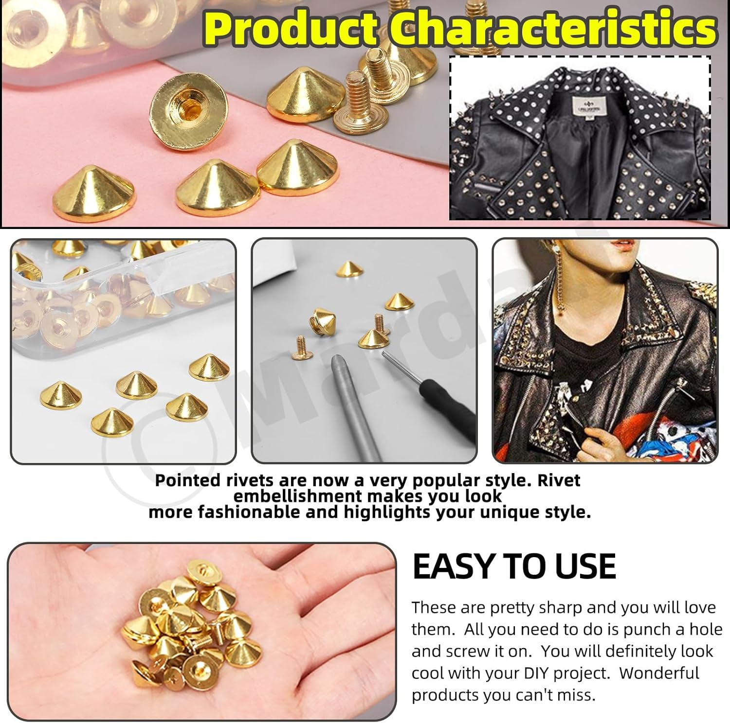Mardatt 100 Sets 10Mm Gold Cone Spikes and Studs with Hole Puncher and Screwdriver, 4.7Mm Height Bullet Spike Cone Studs Screw Back Punk Studs and Spikes for DIY Leather Craft image number 6