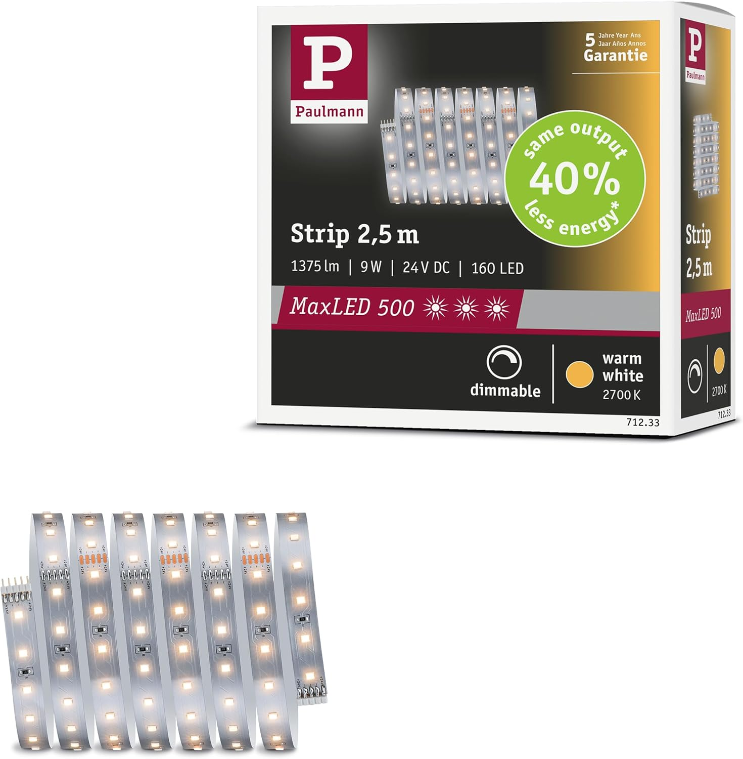 Paulmann 71233 Maxled 500 LED Strip Warm White Individual Strip 2,5M 9W 550Lm/M 64 Leds/M 2700K image number 5