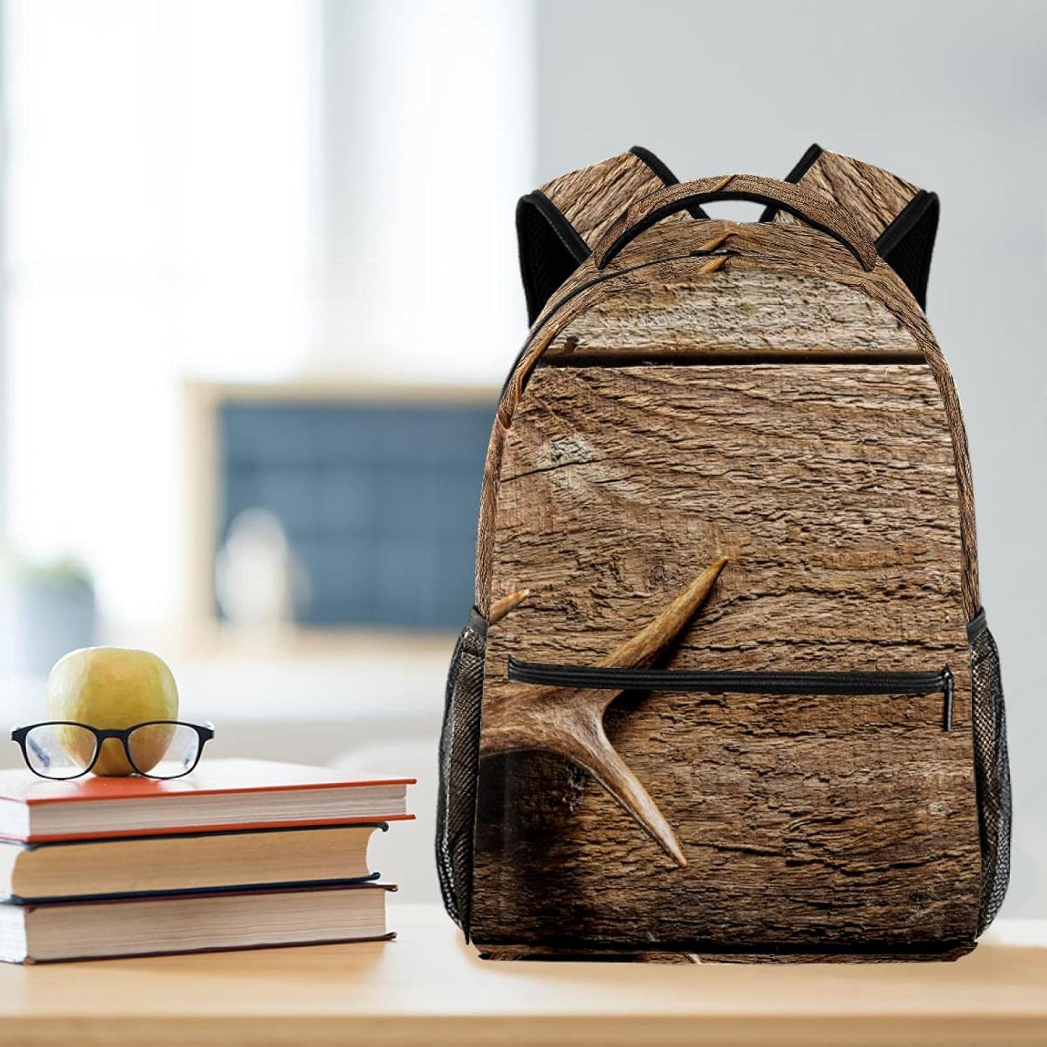 Deer Antlers against Rustic Wooden Background Backpack Students Shoulder Bags Travel Bag College School Tote Backpacks image number 5