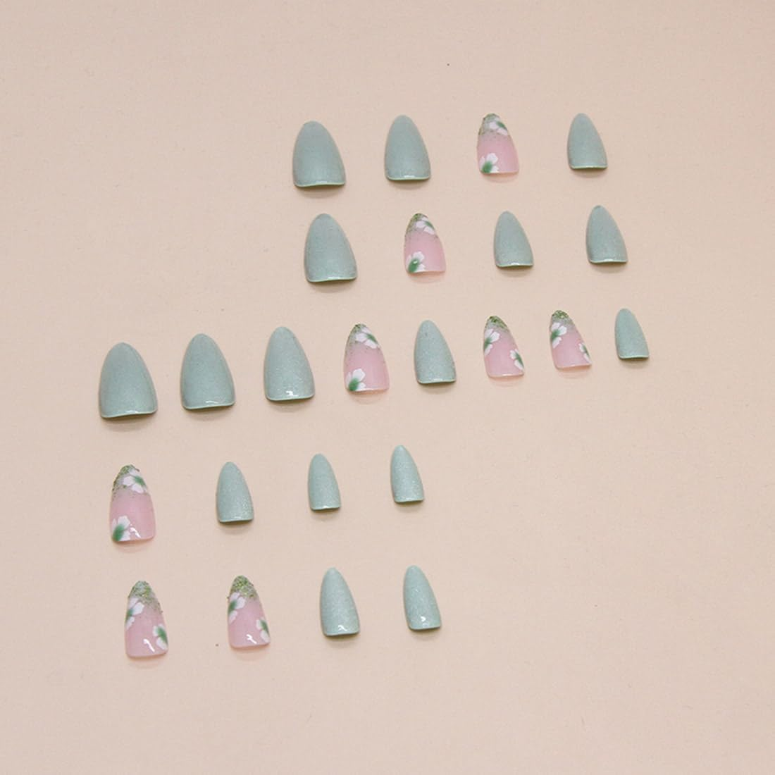 Resweky Long Almond False Nails Pink Green Flower False French Nails Shiny Print Acrylic Nail Cover for Women Girls image number 2