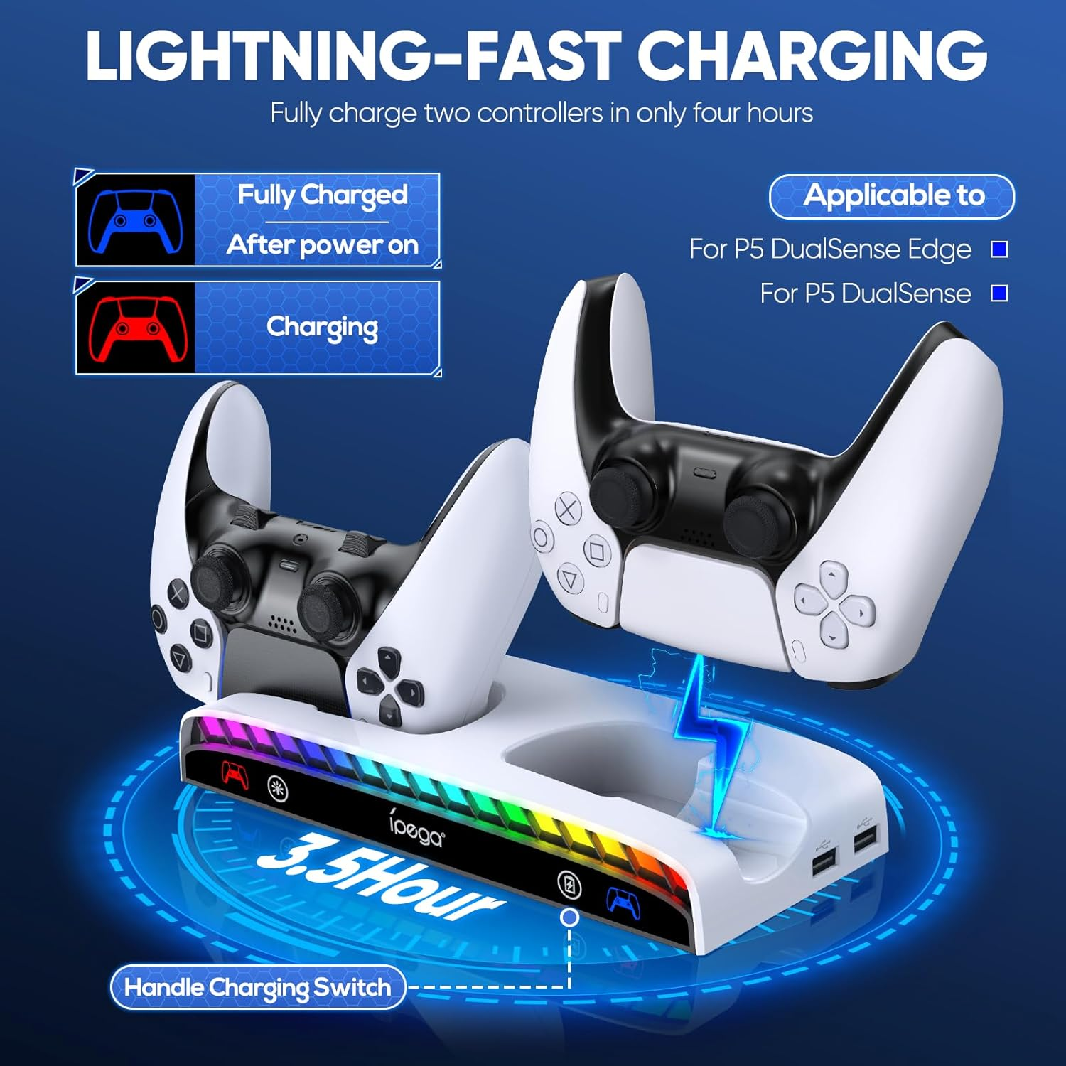 Klipdasse Wall Mount Kit for Ps5/Pro/Slim with Dual Controller Charging Station, Floating Disc and Digital Playstation 5, 15 Inch RGB Light, 3 Ports Usb Type C Headphone Support image number 2